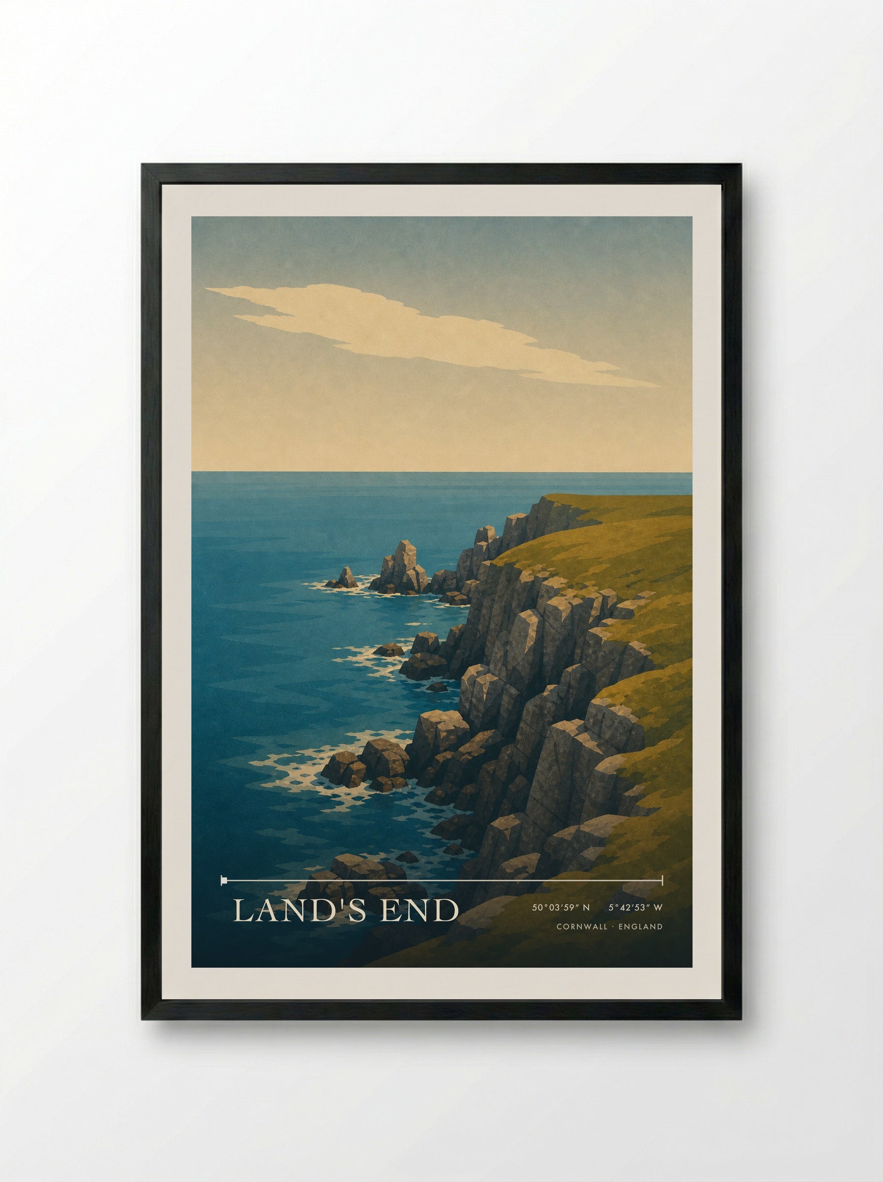 Land's End Travel Poster Artwork - Framed Print Black