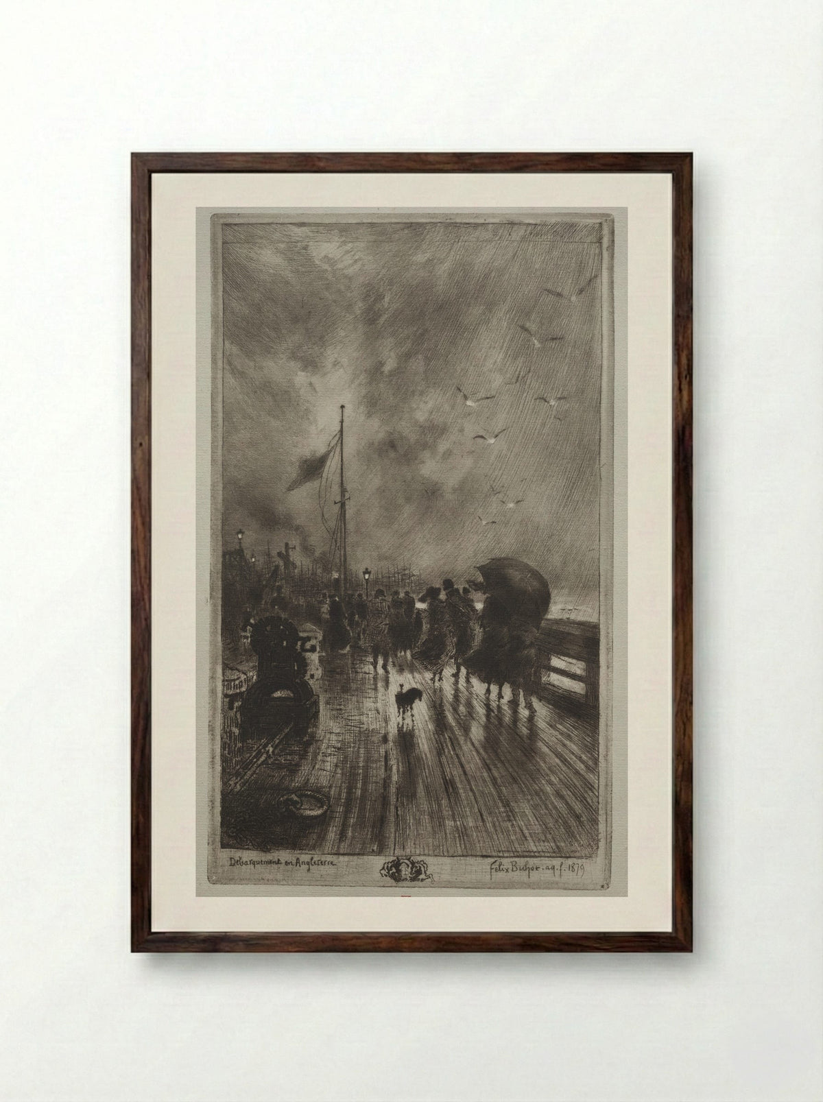 Landing in England - Félix Hilaire Buhot - Framed Print Dark Wood