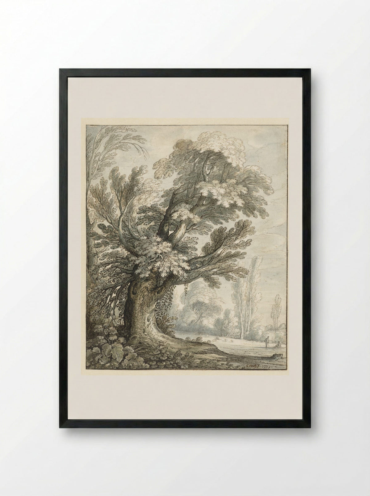 Landscap met een hoge boom - Marten de Cock - Framed Print Black