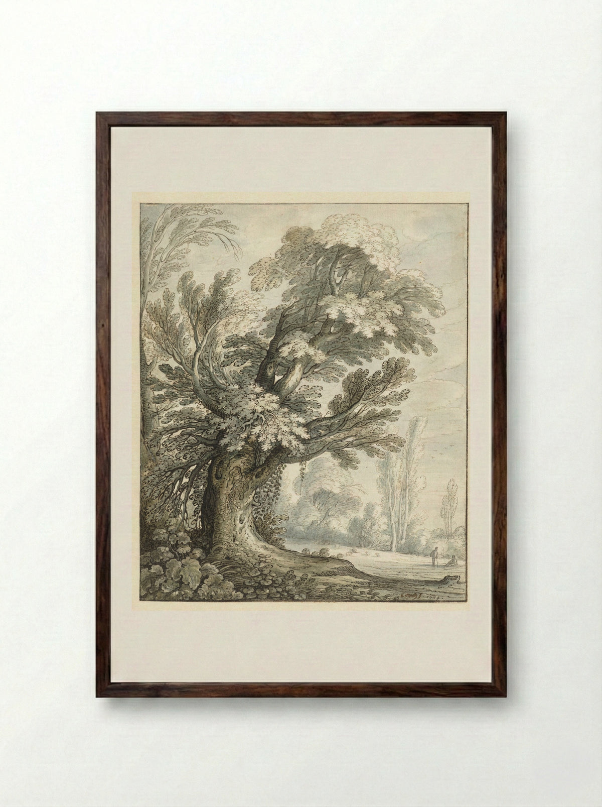 Landscap met een hoge boom - Marten de Cock - Framed Print Dark Wood