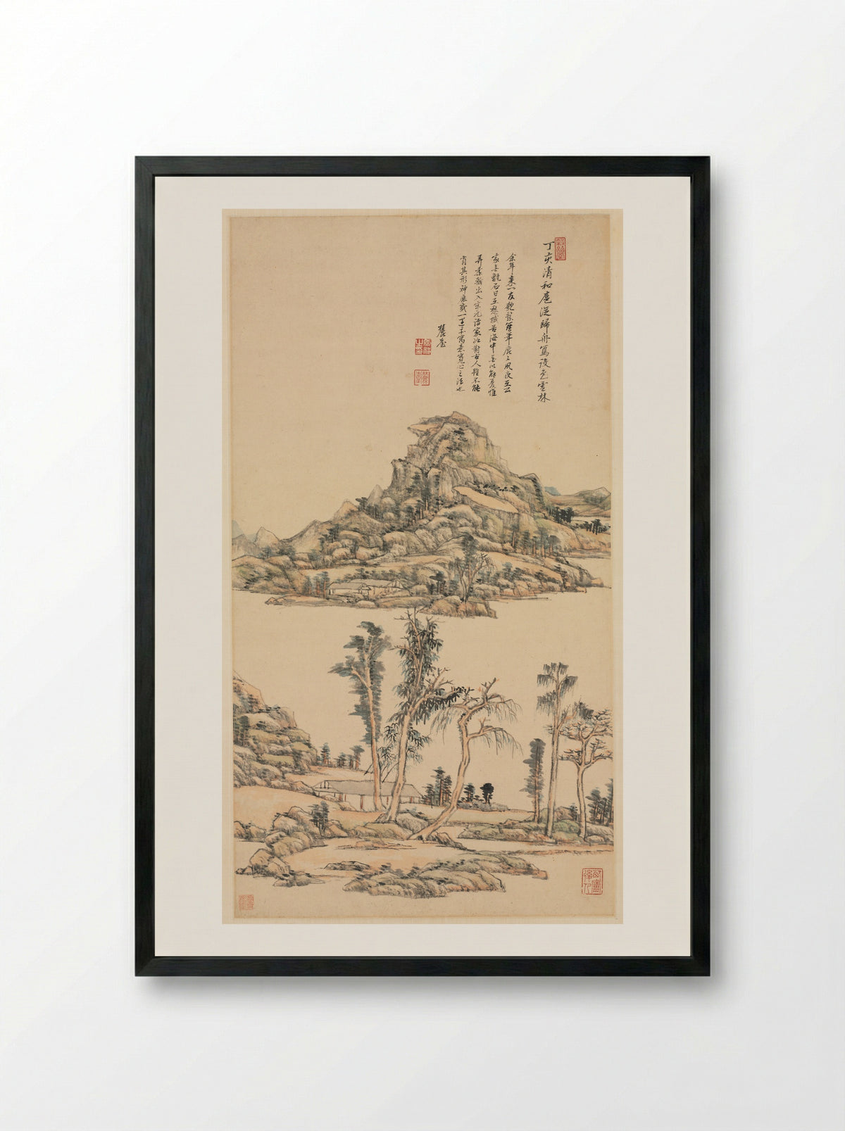 Landscape (Ink and Colour on Paper) - Wang Yuanqi - Framed Print Black