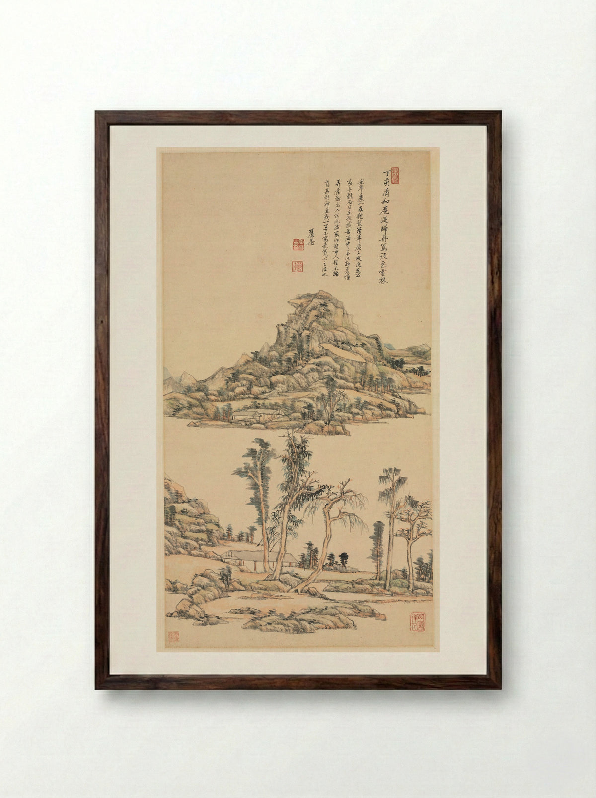 Landscape (Ink and Colour on Paper) - Wang Yuanqi - Framed Print Dark Wood