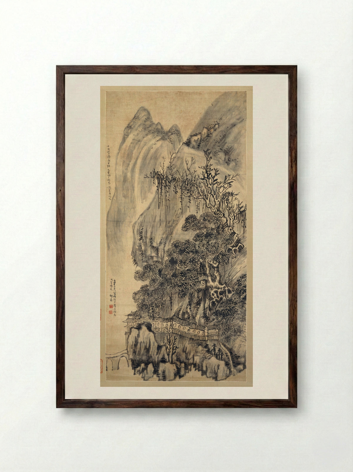 Landscape (Ink on Silk) - Wang Duo - Framed Print Dark Wood