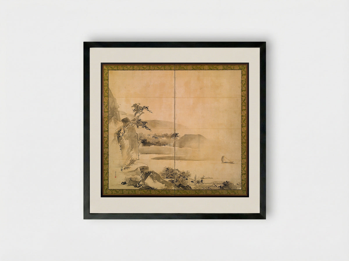Landscape (Two-Panel Folding Screen) - Watanabe Shikō - Framed Print Black