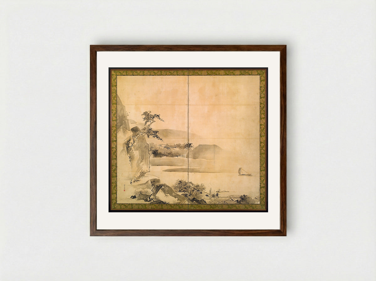 Landscape (Two-Panel Folding Screen) - Watanabe Shikō - Framed Print Dark Wood