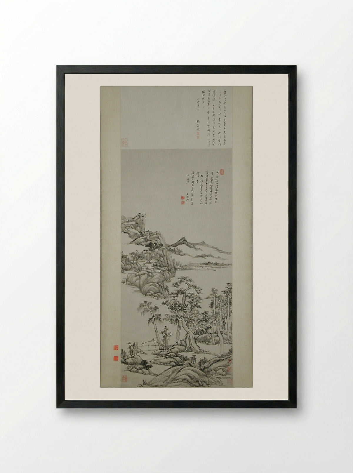 Landscape in the Styles of Huang Gongwang and Gao Kegong - Wang Yuanqi - Framed Print Black