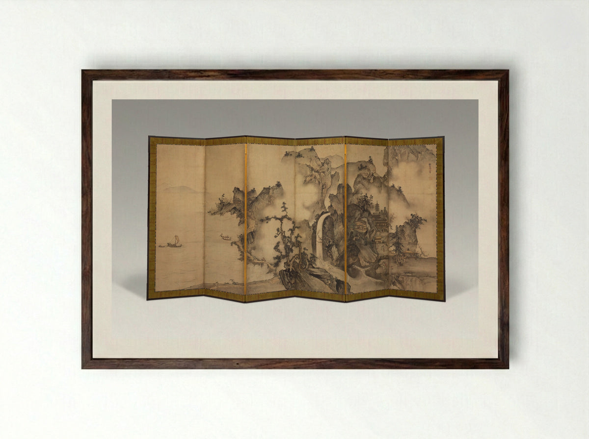 Landscape of the Four Seasons - Sesson Shukei - Framed Print Dark Wood