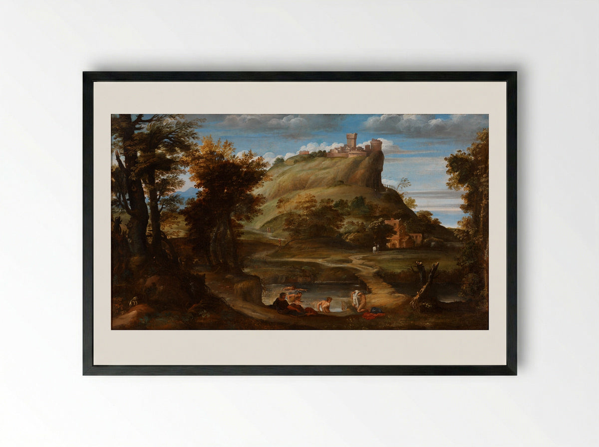 Landscape with Bathers - Domenichino - Framed Print Black