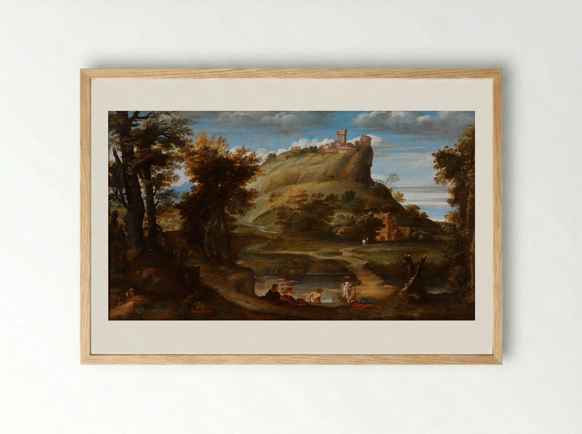 Landscape with Bathers - Domenichino - Framed Print Wood