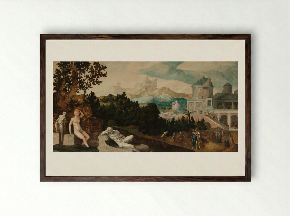 Landscape with Bathsheba - Jan van Scorel - Framed Print Dark Wood