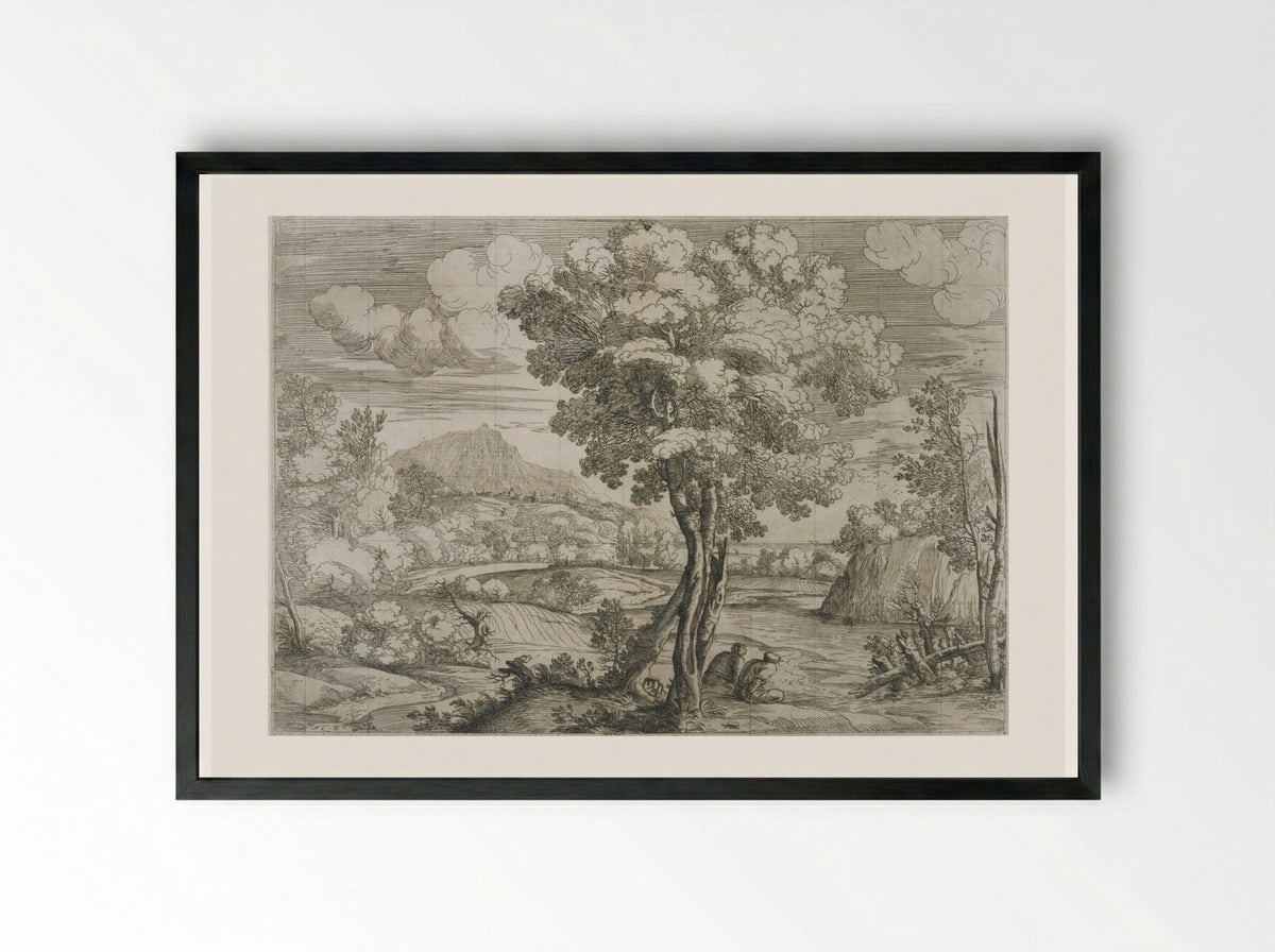 Landscape with Bird Perched on a Tree Stump - Giovanni Francesco Grimaldi - Framed Print Black