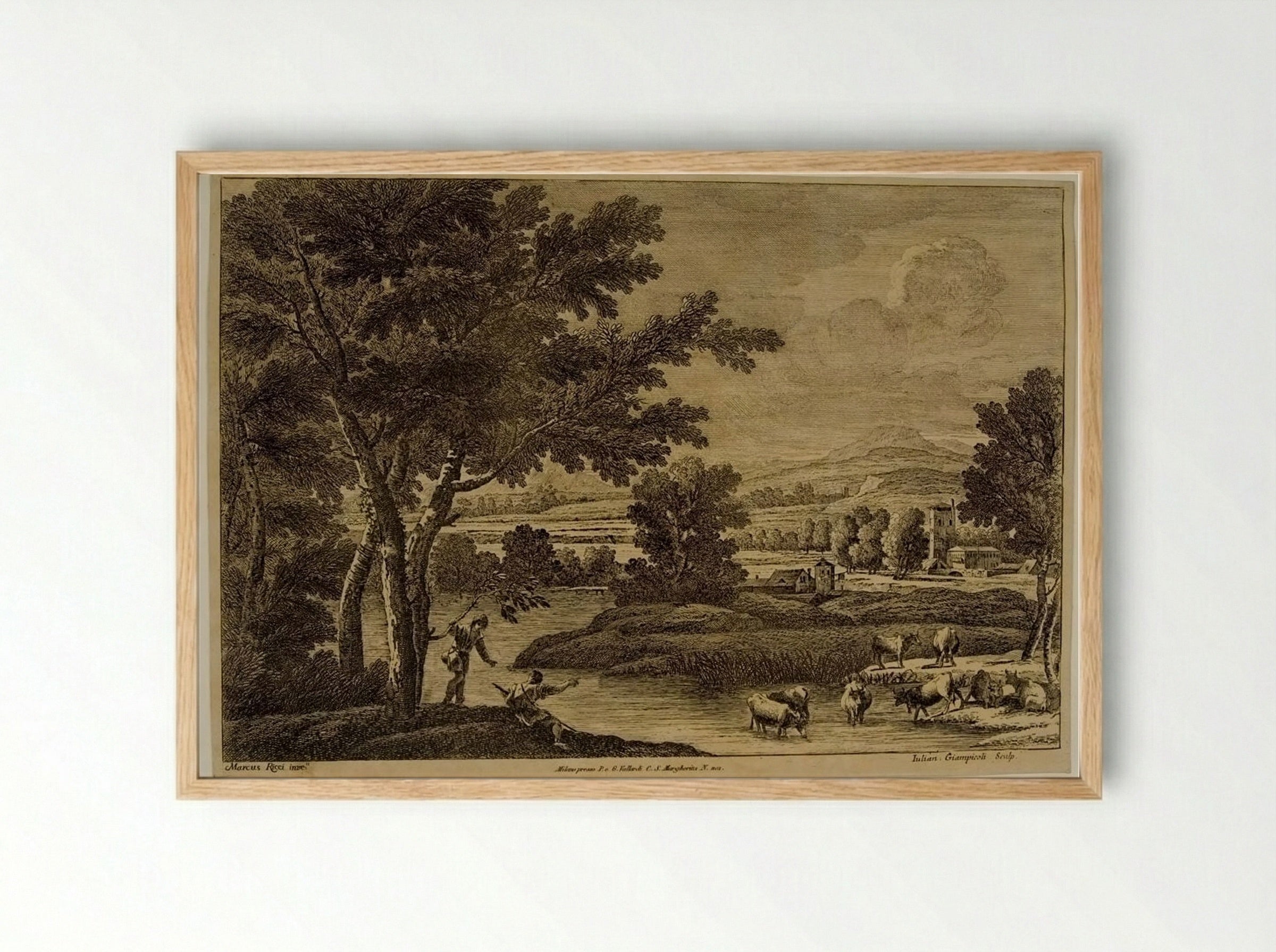 Landscape with Cattle - Giuliano Giampiccoli - Framed Print Wood