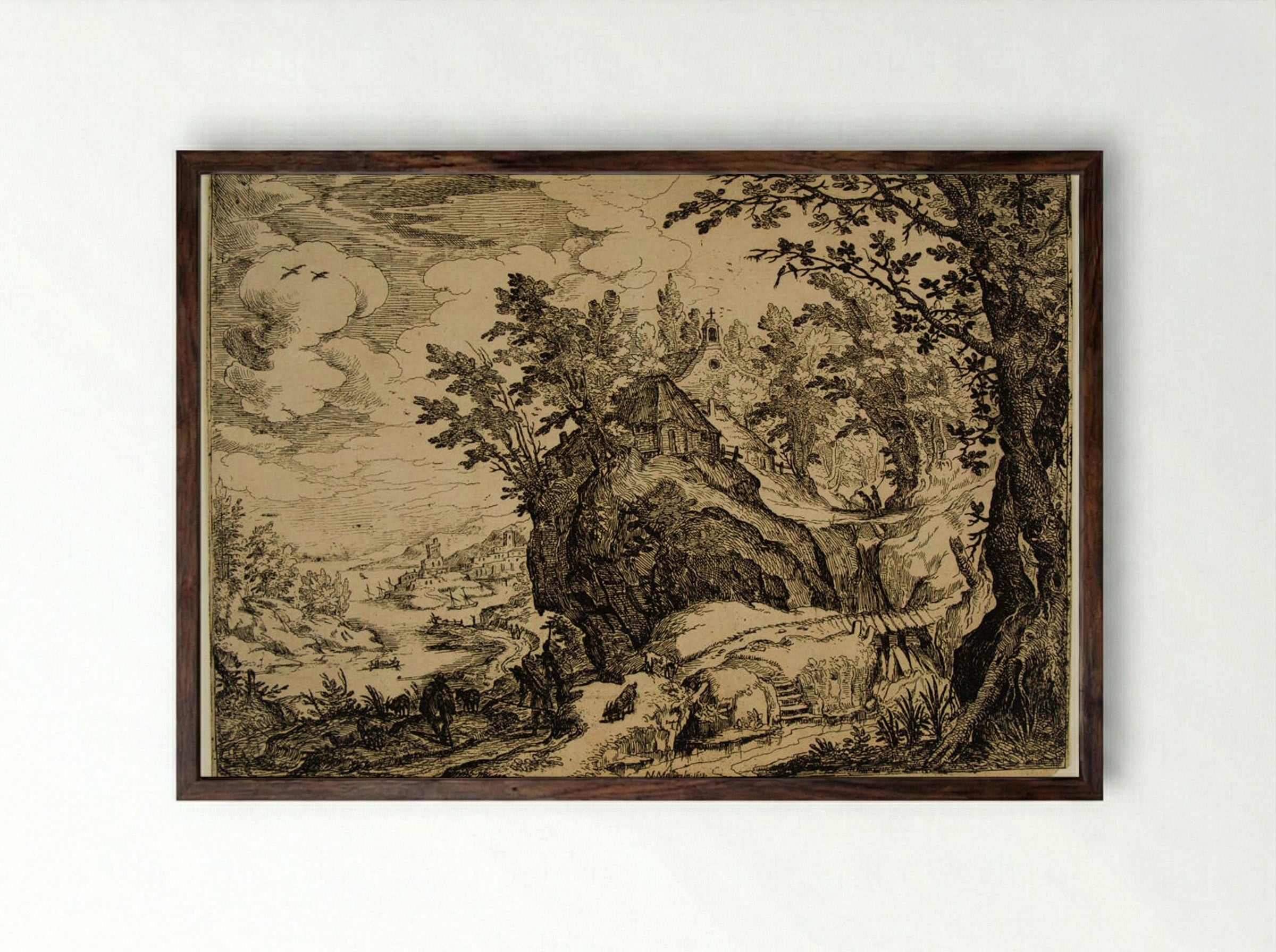 Landscape with Church in the Tyrol - Nicolas Moillon - Framed Print Dark Wood