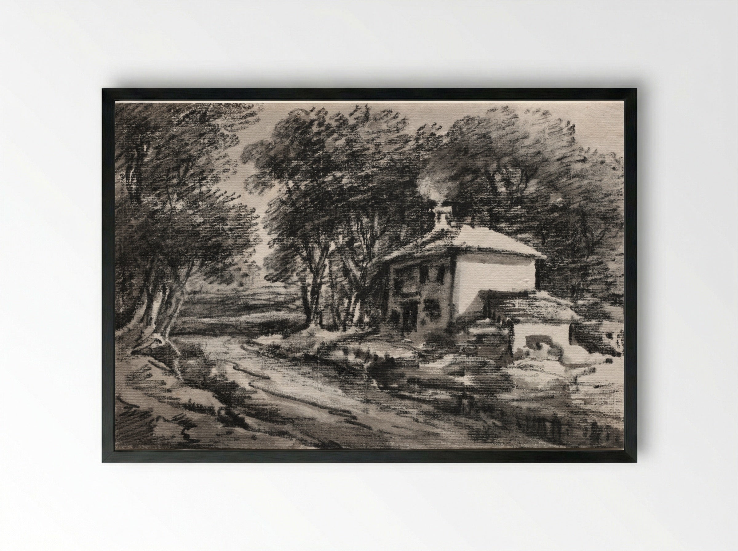 Landscape with Cottage (recto) - Thomas Monro - Framed Print Black