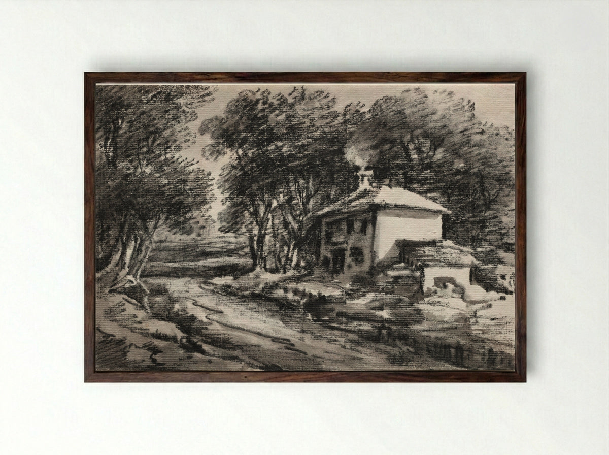 Landscape with Cottage (recto) - Thomas Monro - Framed Print Dark Wood