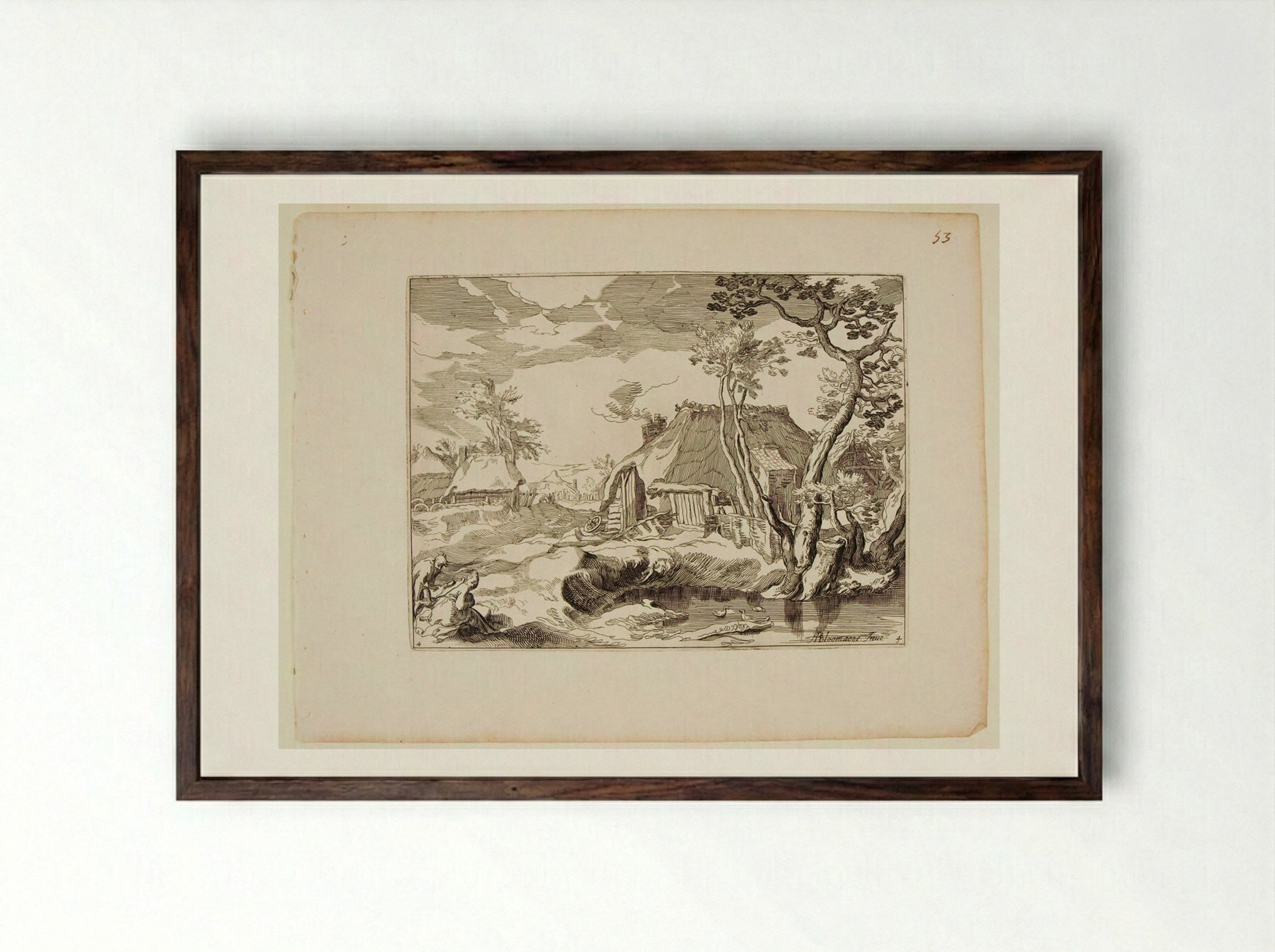 Landscape with Cottages and Two Figures - Boetius Adamsz. Bolswert - Framed Print Dark Wood
