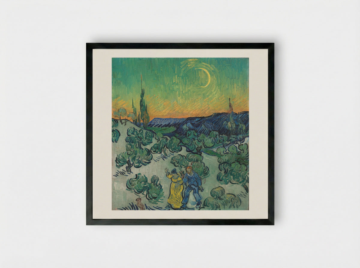 Landscape with Couple Walking and Crescent Moon - Vincent van Gogh - Framed Print Black