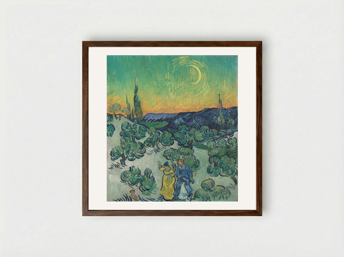 Landscape with Couple Walking and Crescent Moon - Vincent van Gogh - Framed Print Dark Wood