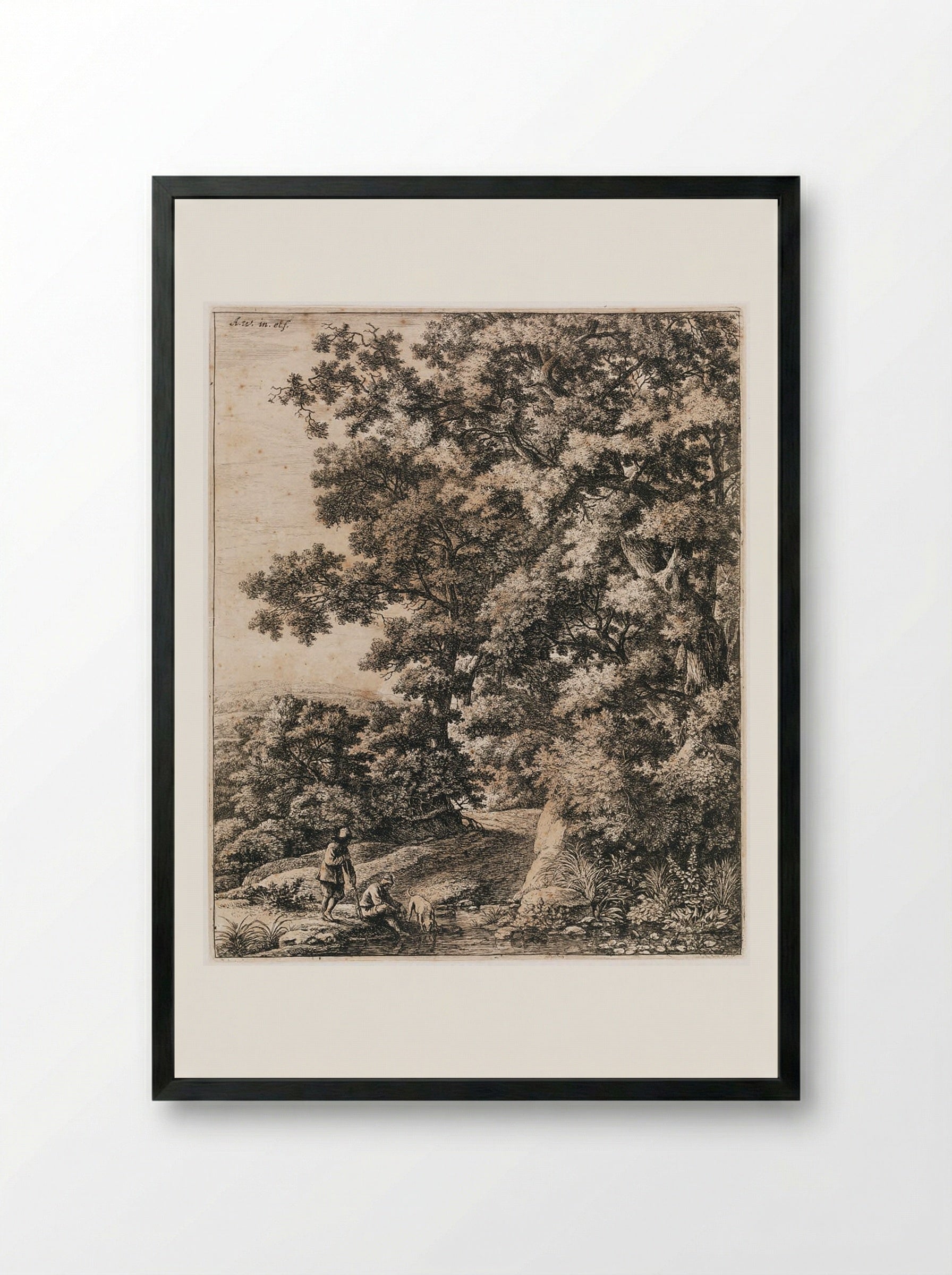 Landscape with Dog Drinking from a Stream - Anthonie Waterloo - Framed Print Black