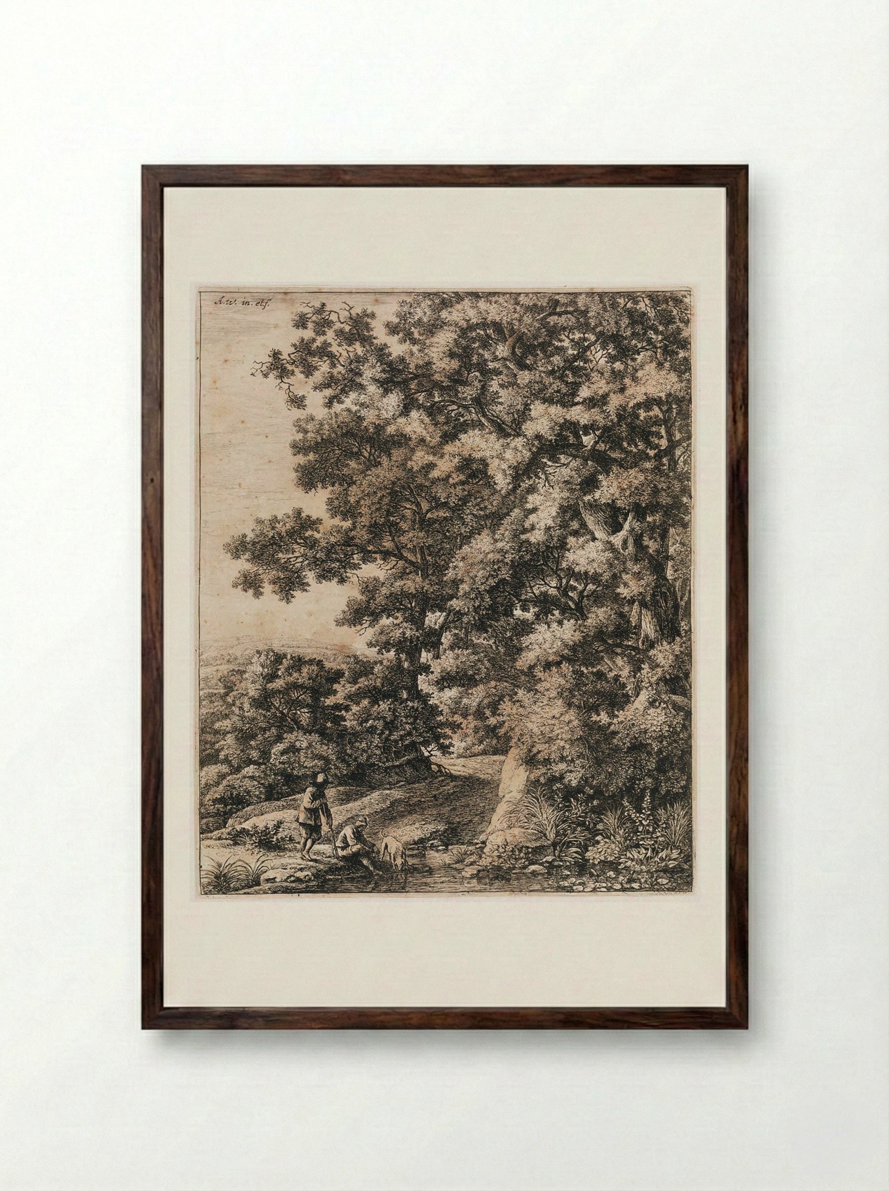 Landscape with Dog Drinking from a Stream - Anthonie Waterloo - Framed Print Dark Wood