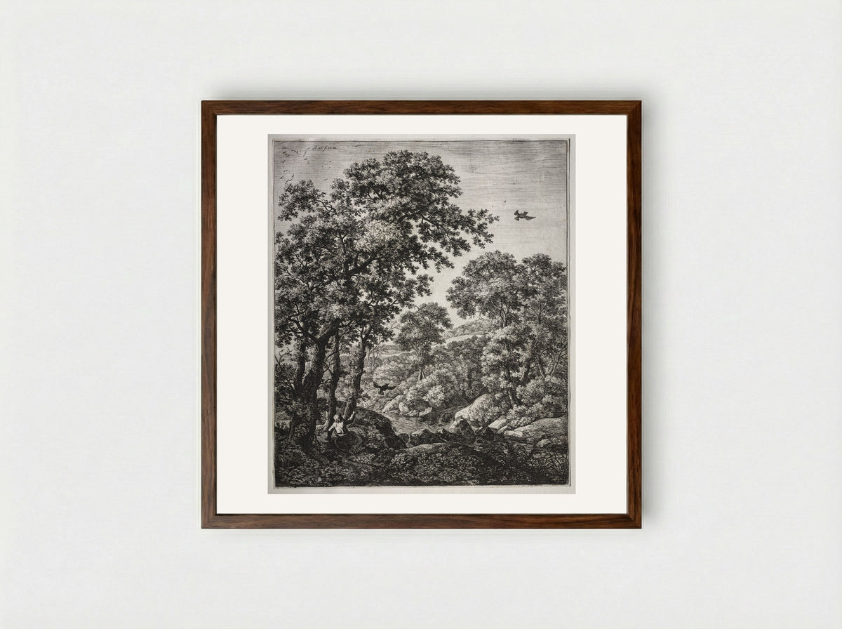Landscape with Elijah Fed by Ravens - Anthonie Waterloo - Framed Print Dark Wood