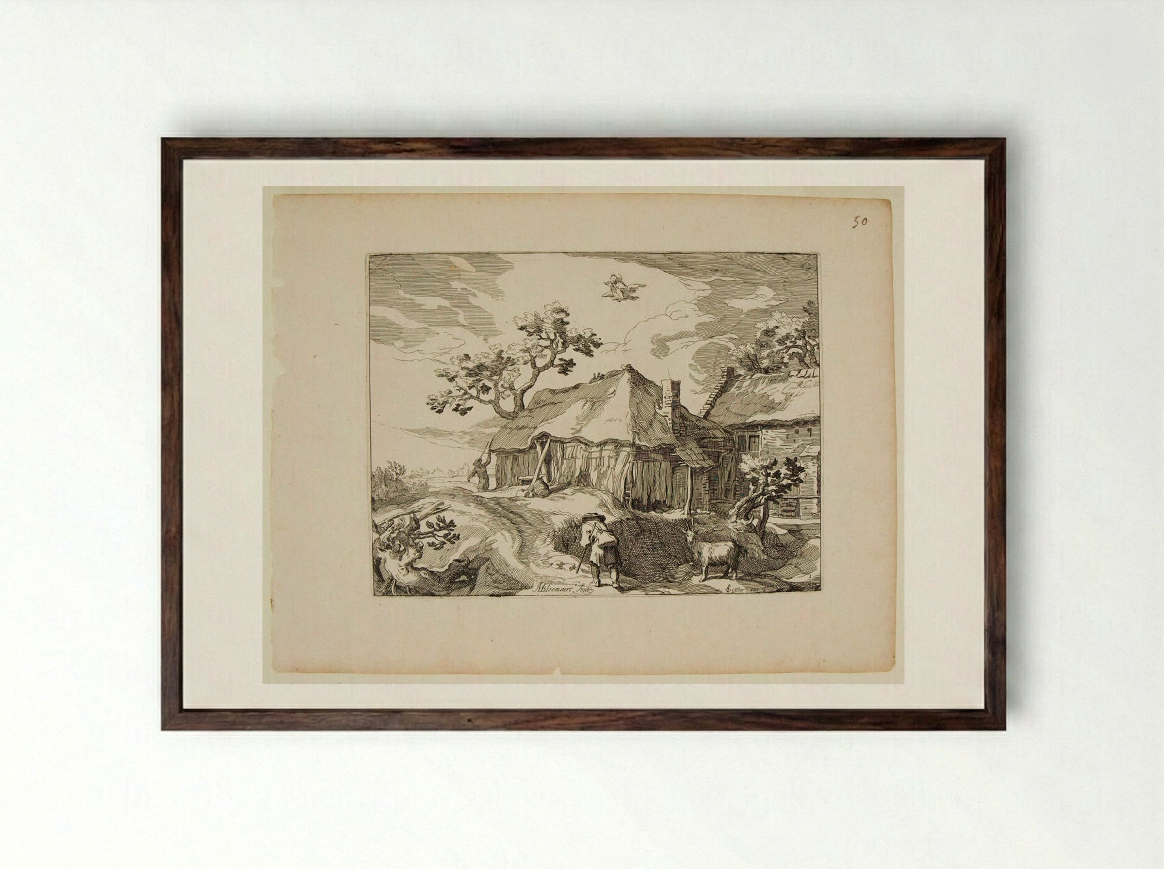 Landscape with Farmhouse and Figures - Boetius Adamsz. Bolswert - Framed Print Dark Wood