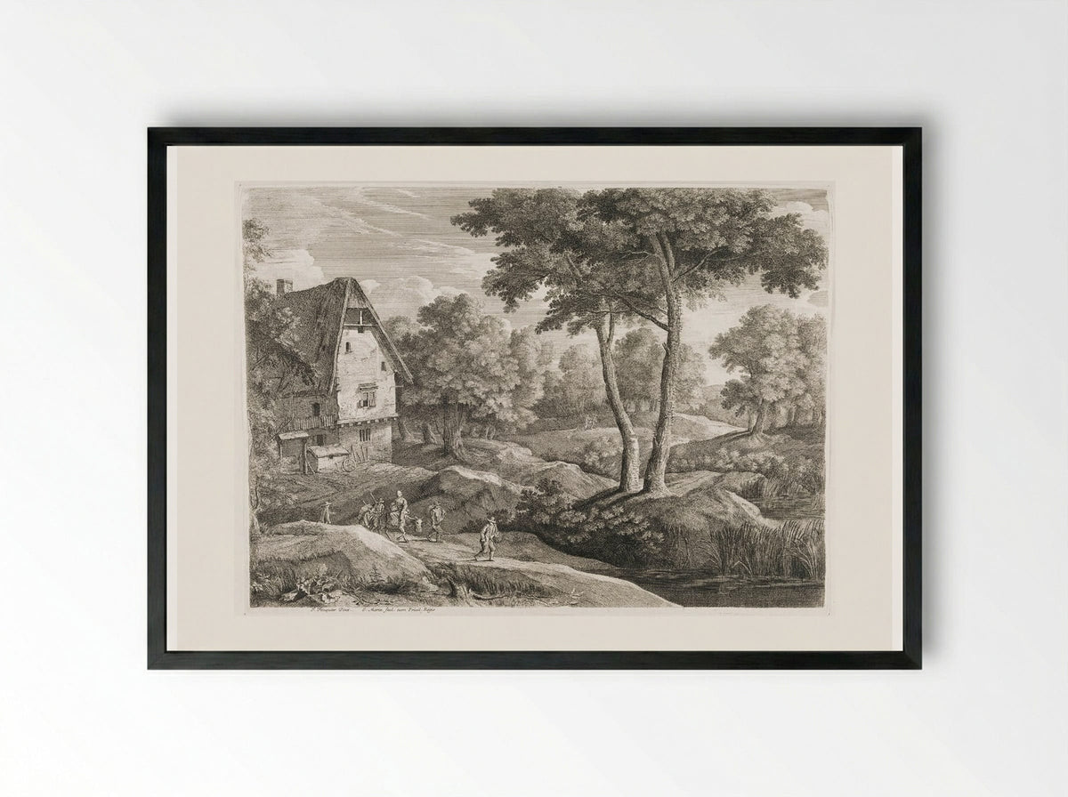 Landscape with Farmhouse and Travelers - Jean Morin - Framed Print Black