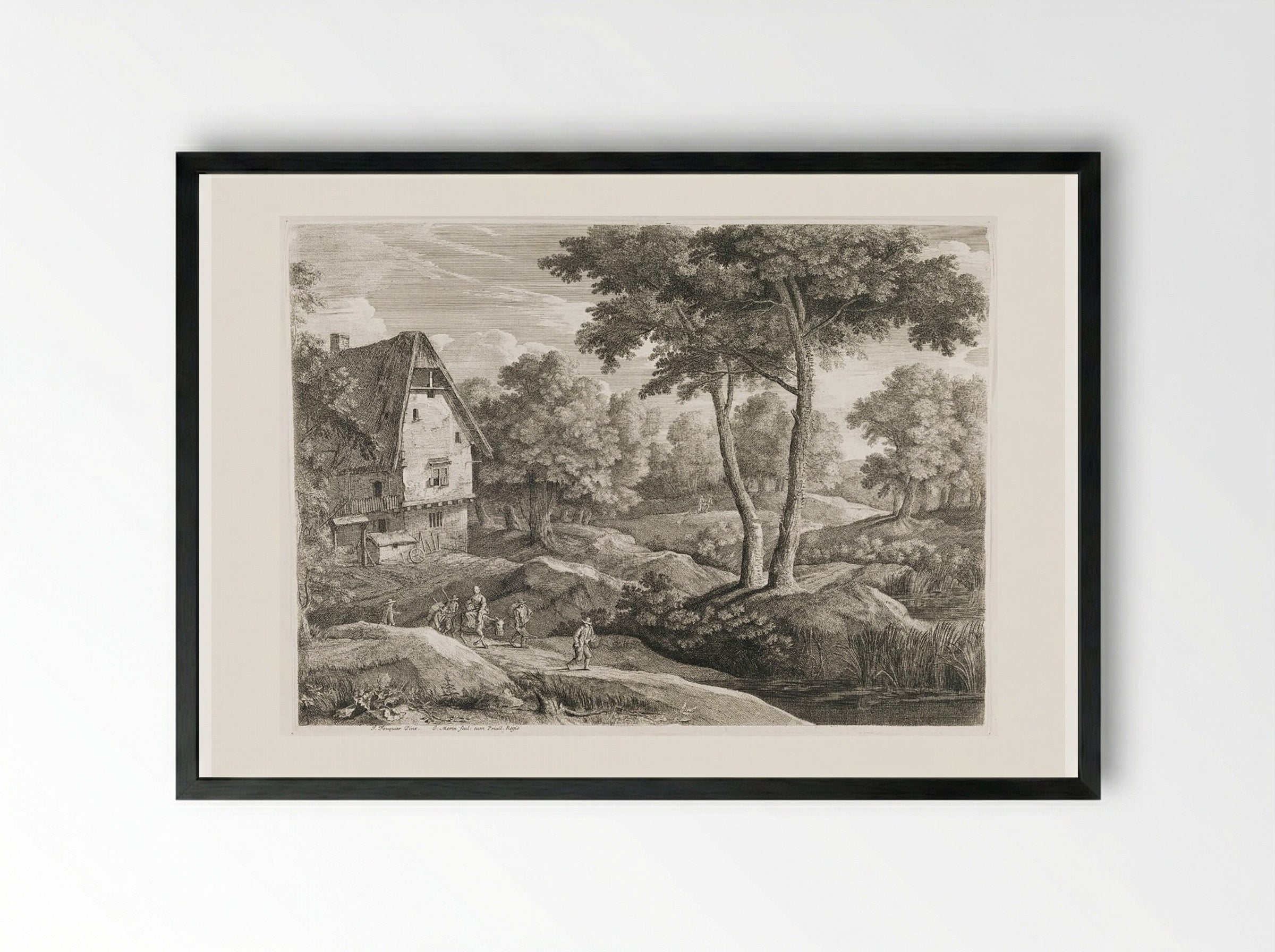 Landscape with Farmhouse and Travelers - Jean Morin - Framed Print Black