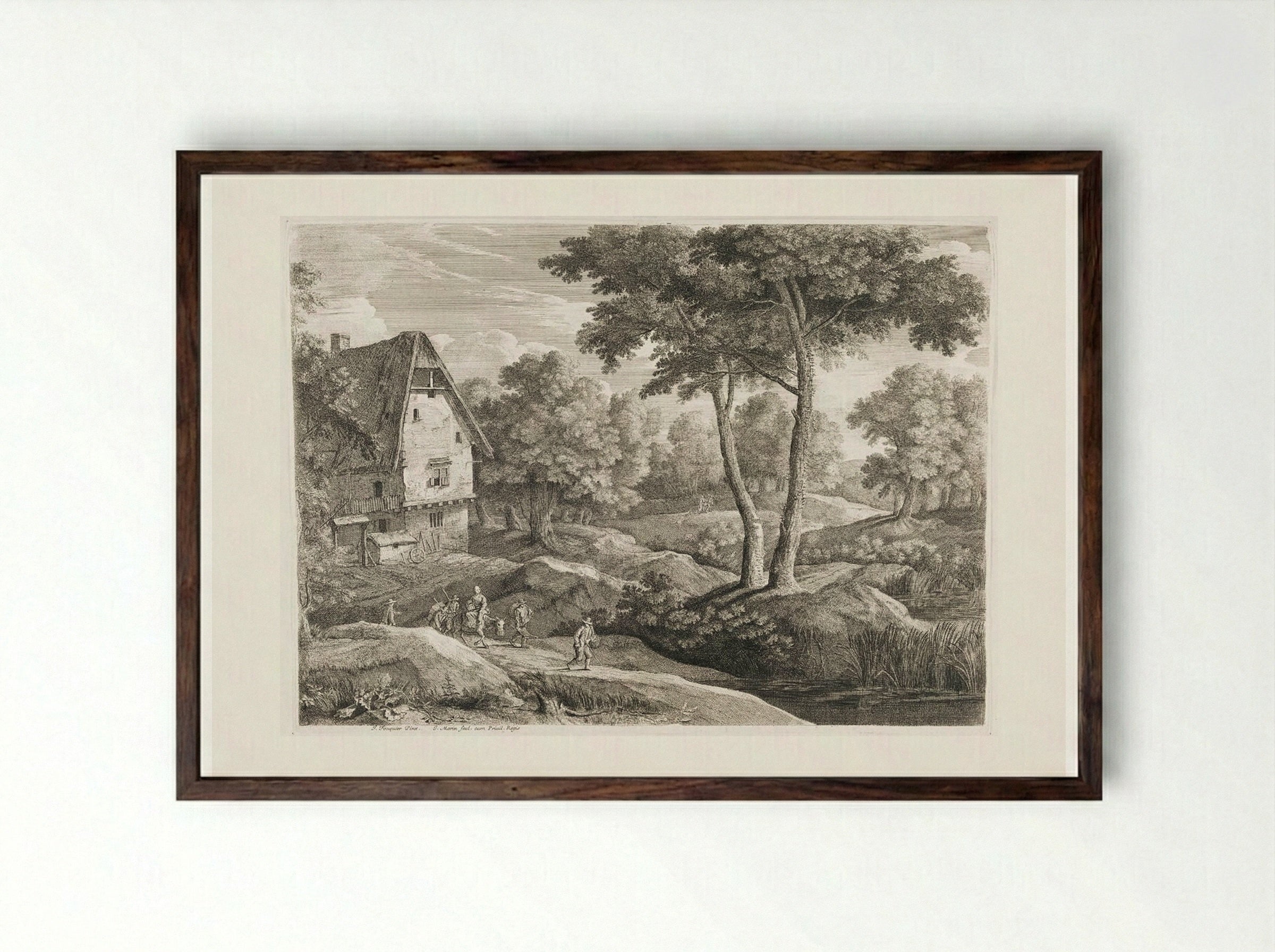 Landscape with Farmhouse and Travelers - Jean Morin - Framed Print Dark Wood