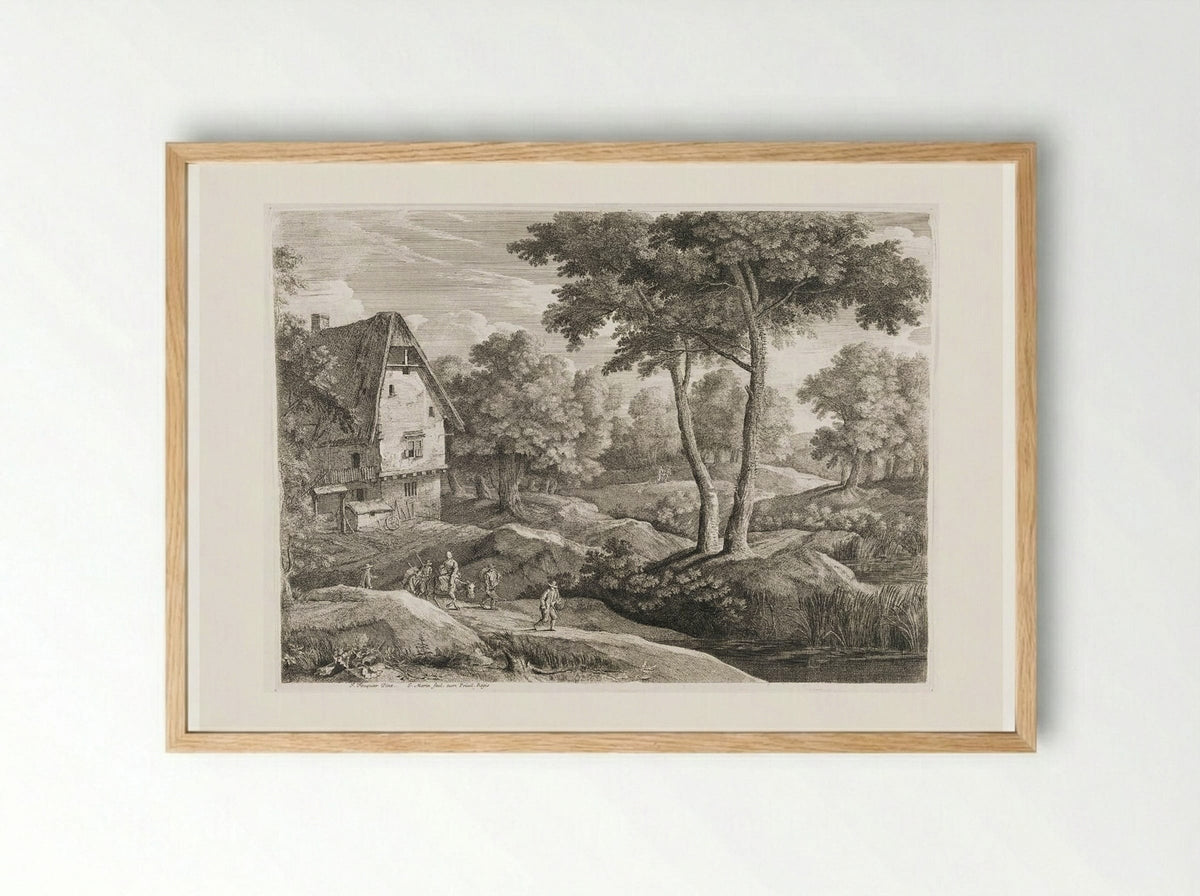 Landscape with Farmhouse and Travelers - Jean Morin - Framed Print Wood