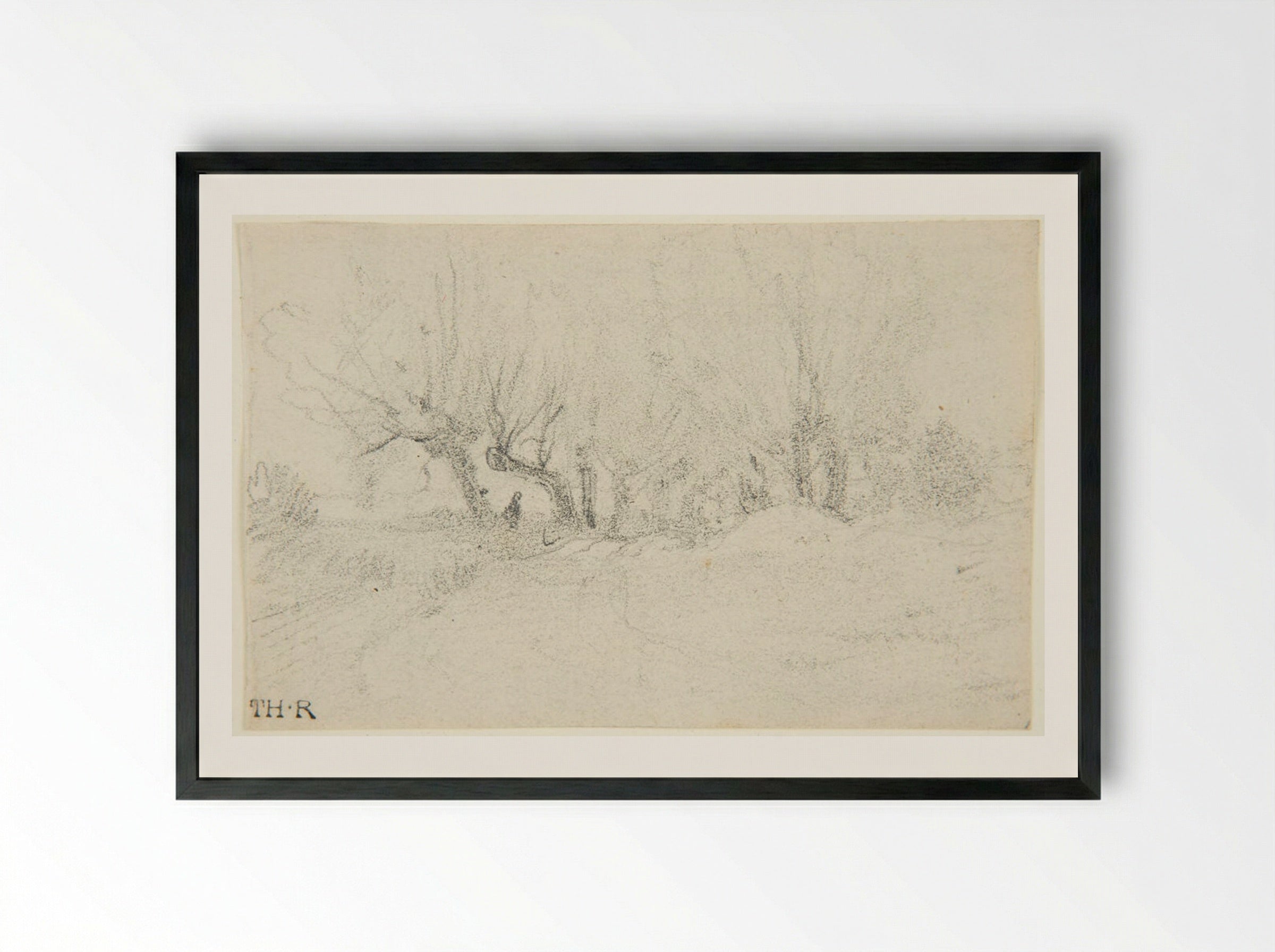 Landscape with Figure among Trees - Théodore Rousseau - Framed Print Black