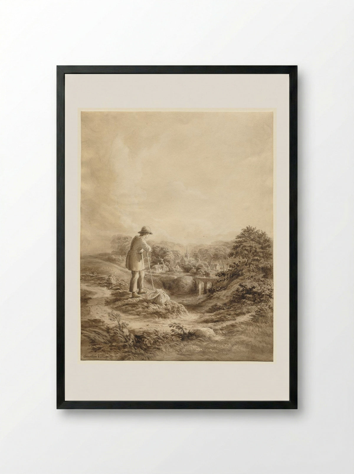 Landscape with Figure in Foreground - Cornelius Varley - Framed Print Black