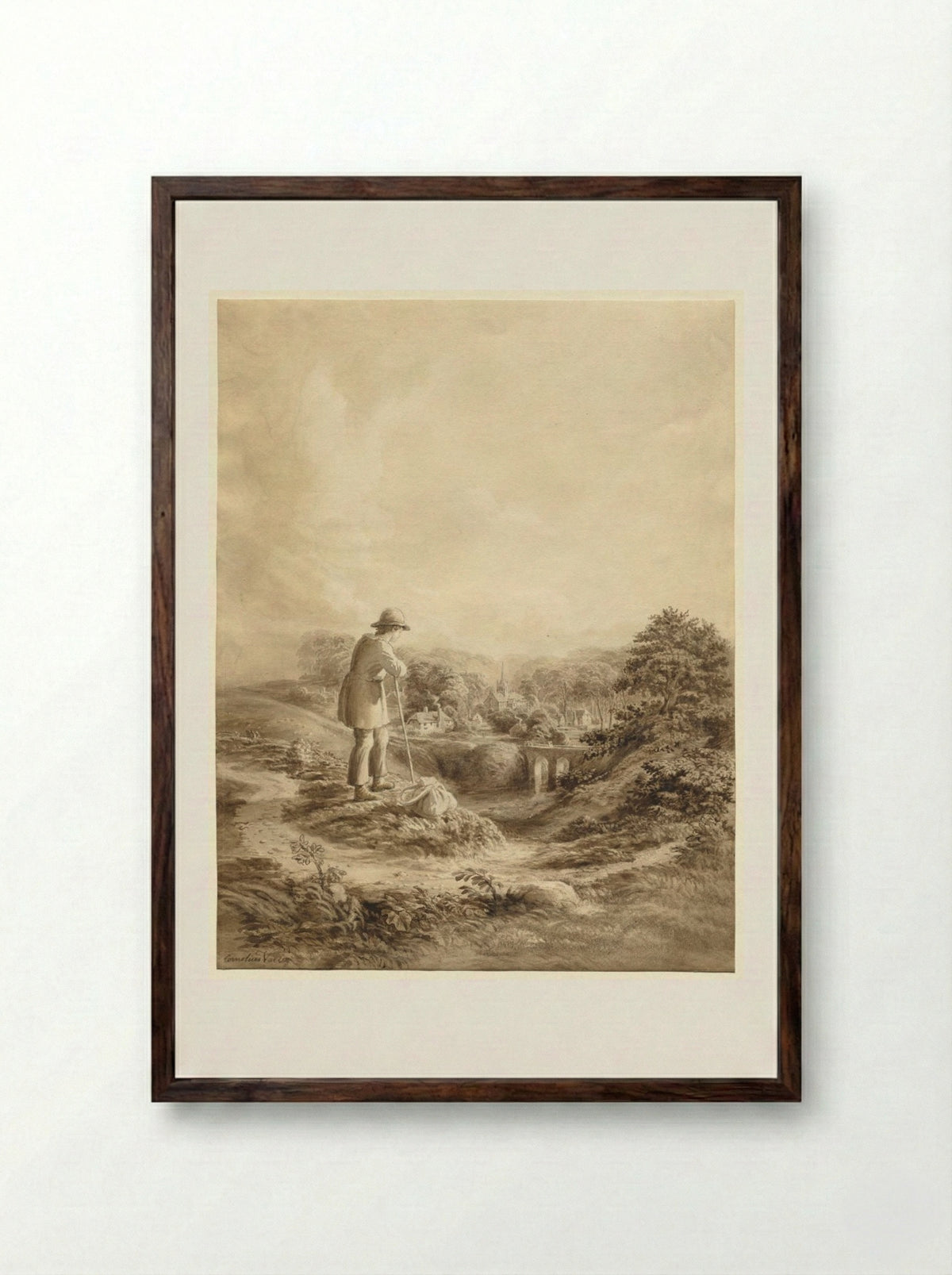 Landscape with Figure in Foreground - Cornelius Varley - Framed Print Dark Wood