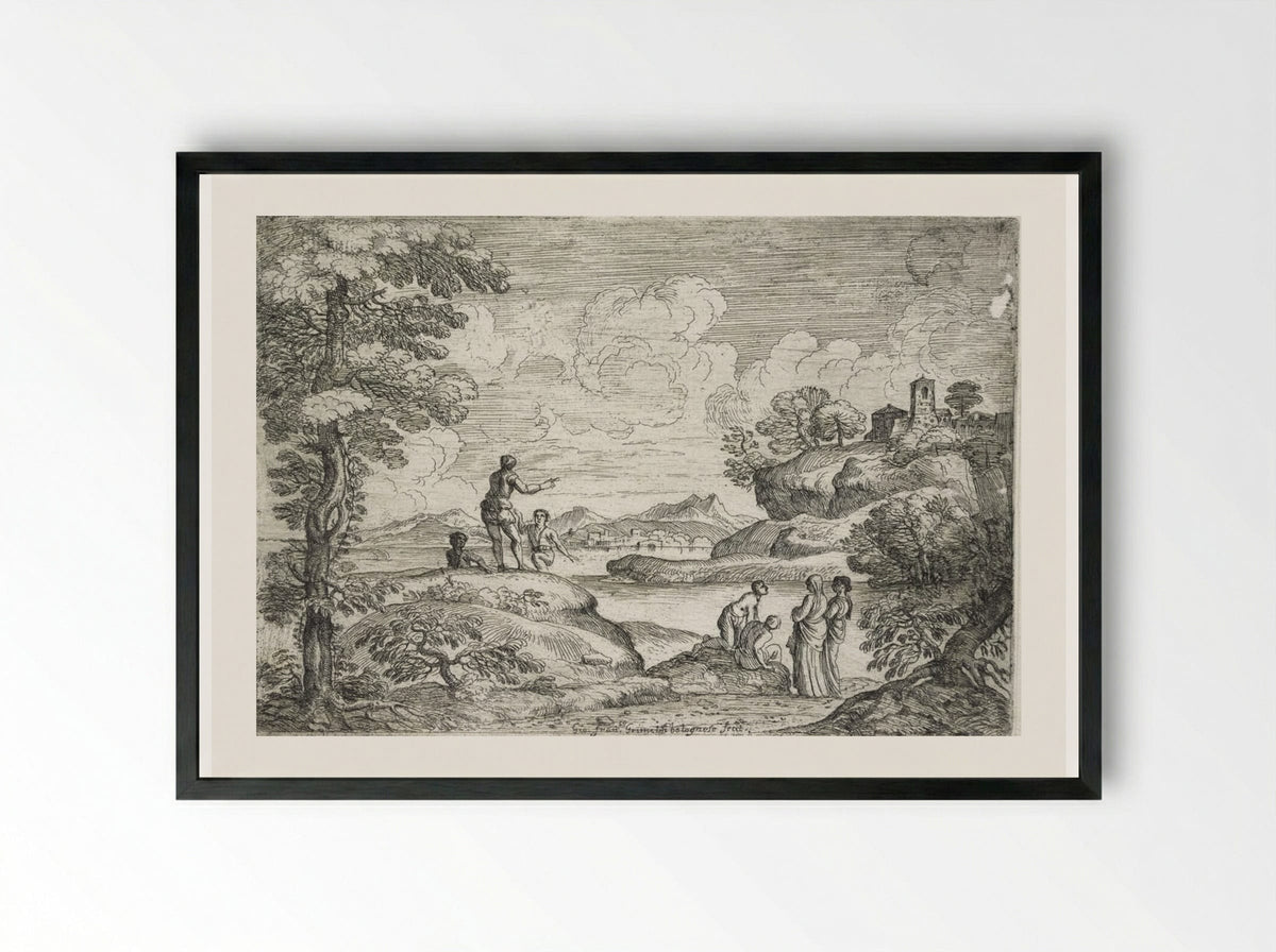 Landscape with Five Men and Two Women - Giovanni Francesco Grimaldi - Framed Print Black