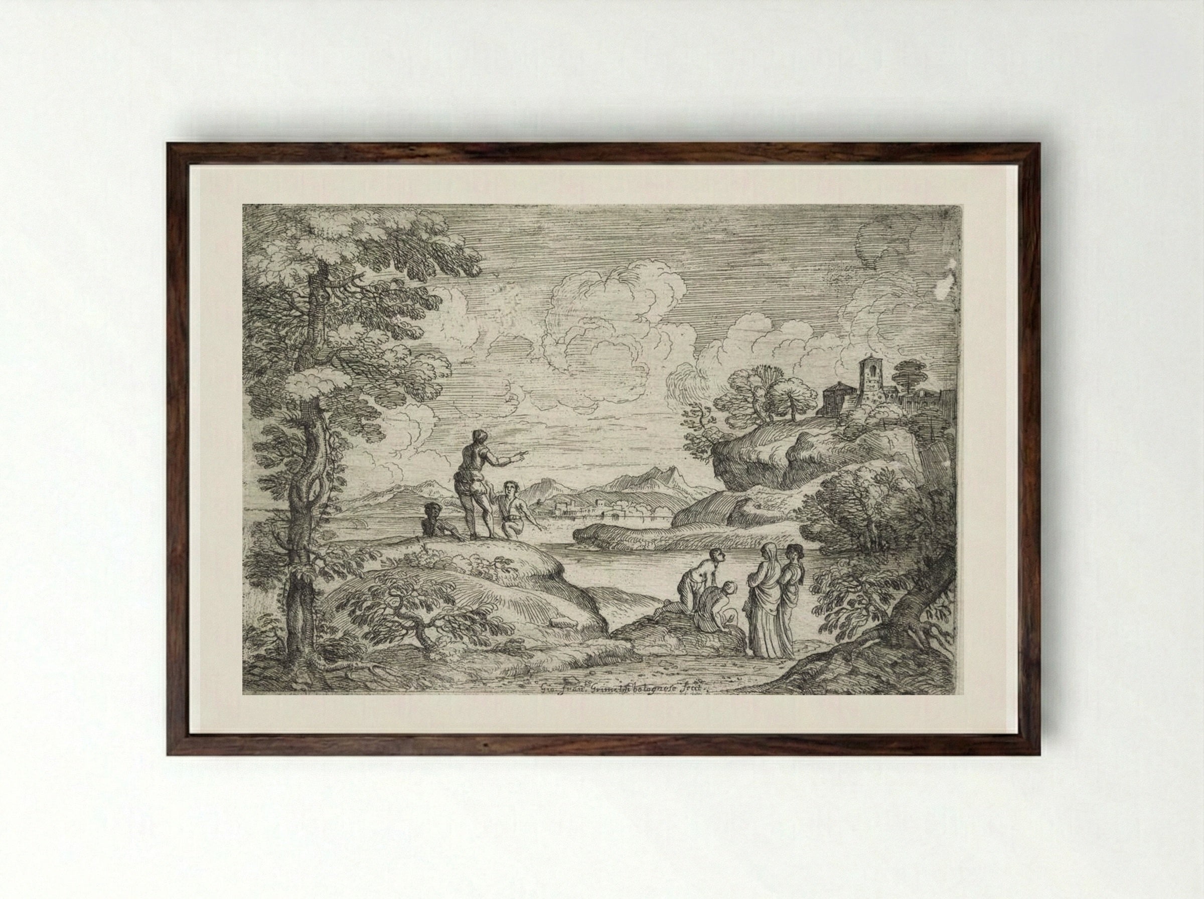 Landscape with Five Men and Two Women - Giovanni Francesco Grimaldi - Framed Print Dark Wood