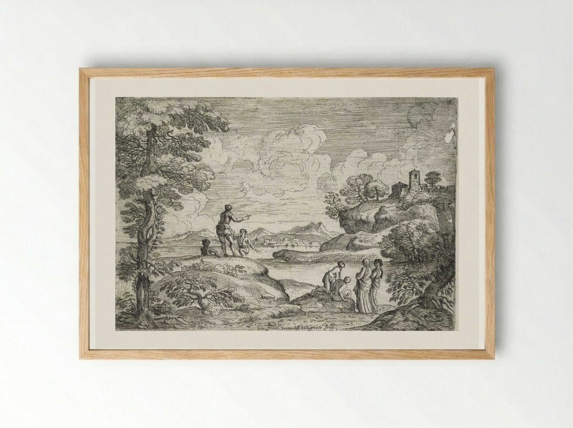 Landscape with Five Men and Two Women - Giovanni Francesco Grimaldi - Framed Print Wood