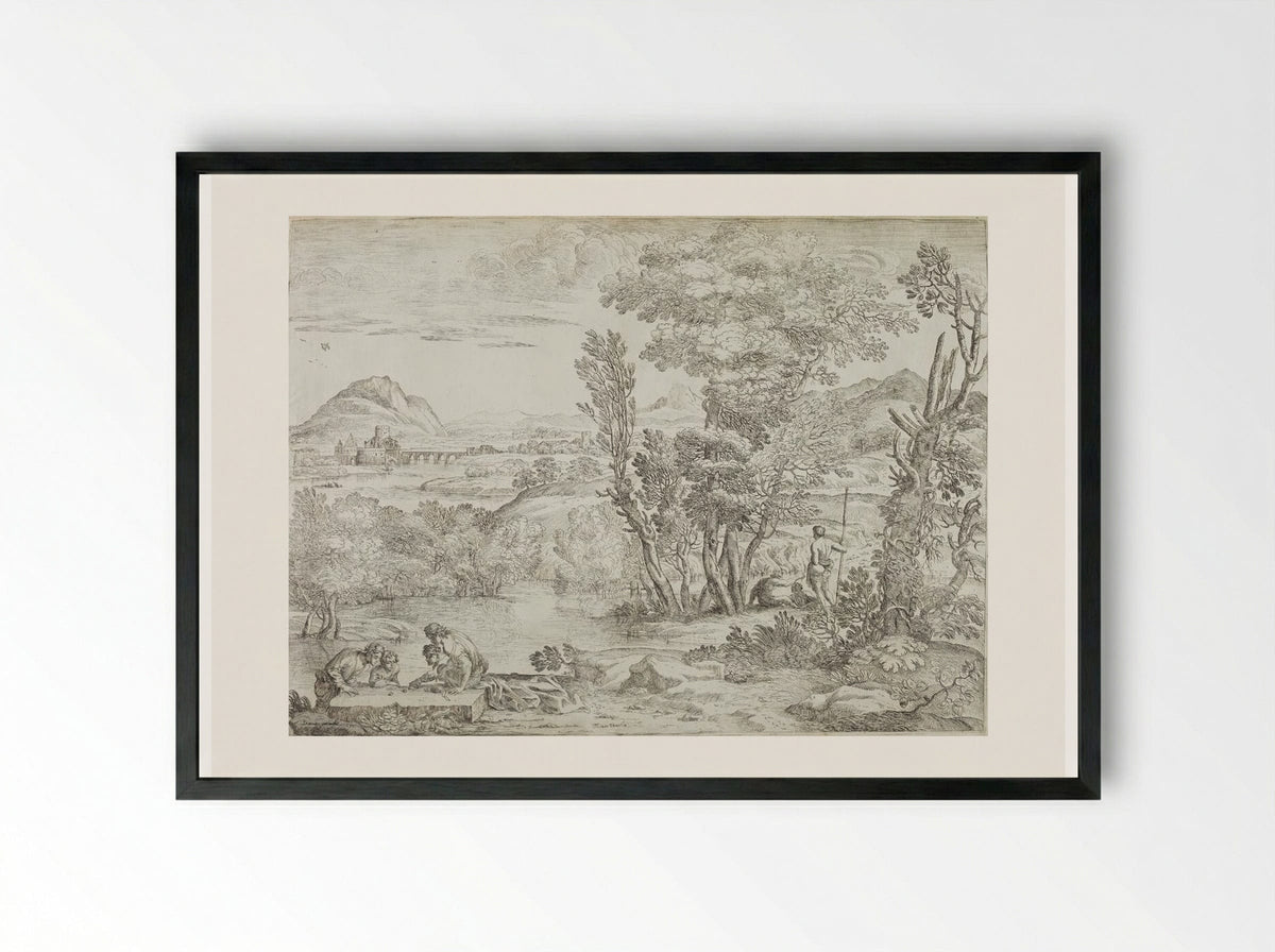 Landscape with Four Dice Players - Giovanni Francesco Grimaldi - Framed Print Black