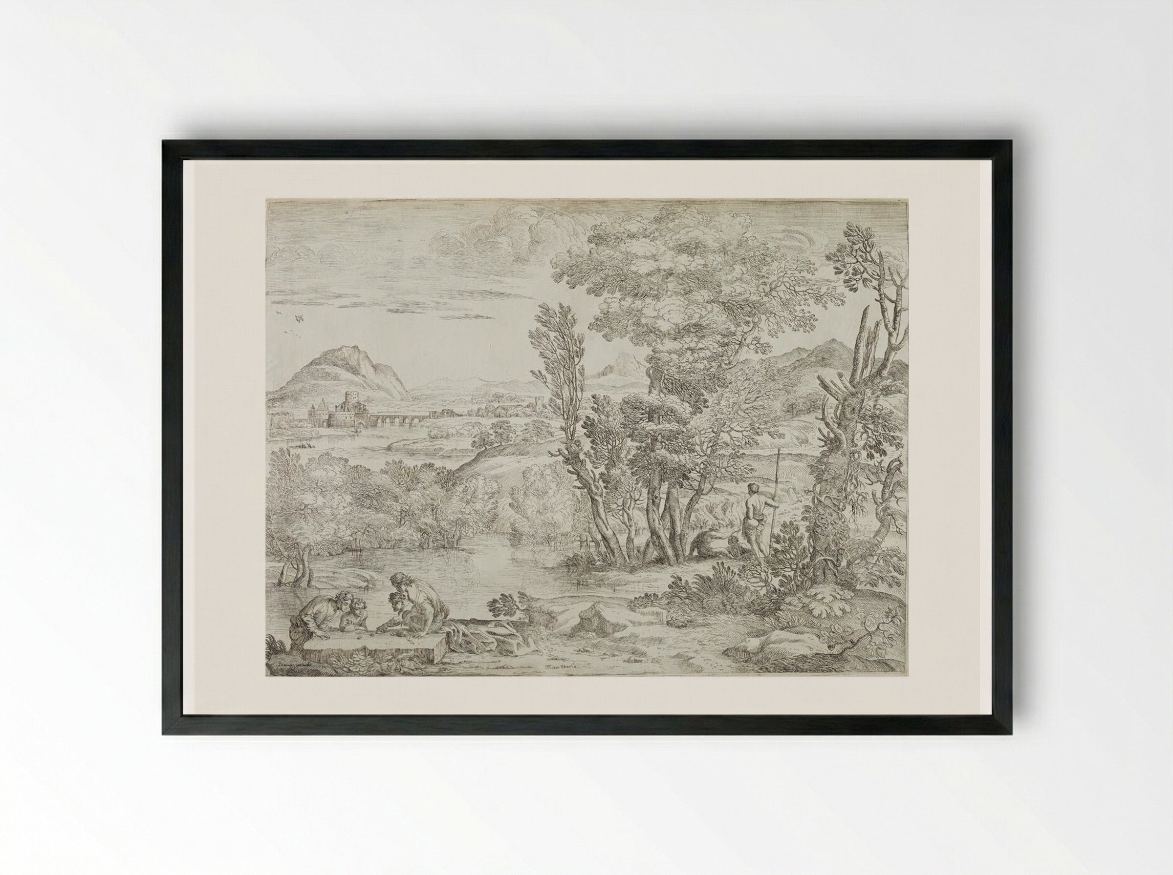 Landscape with Four Dice Players - Giovanni Francesco Grimaldi - Framed Print Black