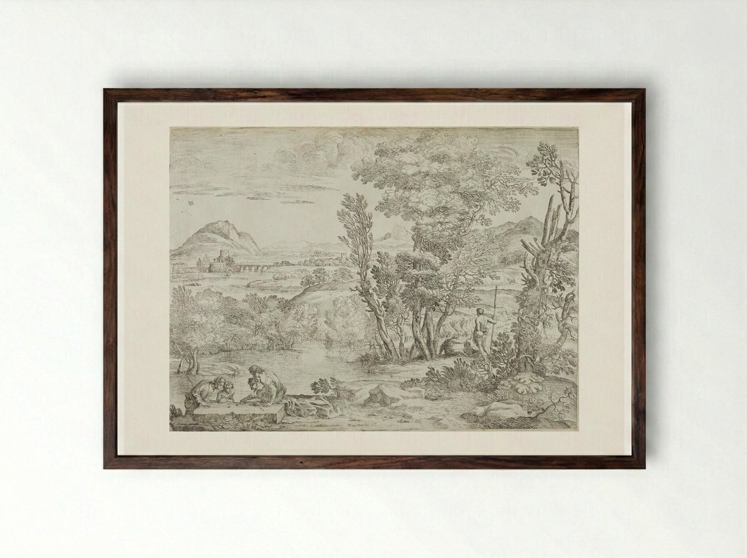 Landscape with Four Dice Players - Giovanni Francesco Grimaldi - Framed Print Dark Wood
