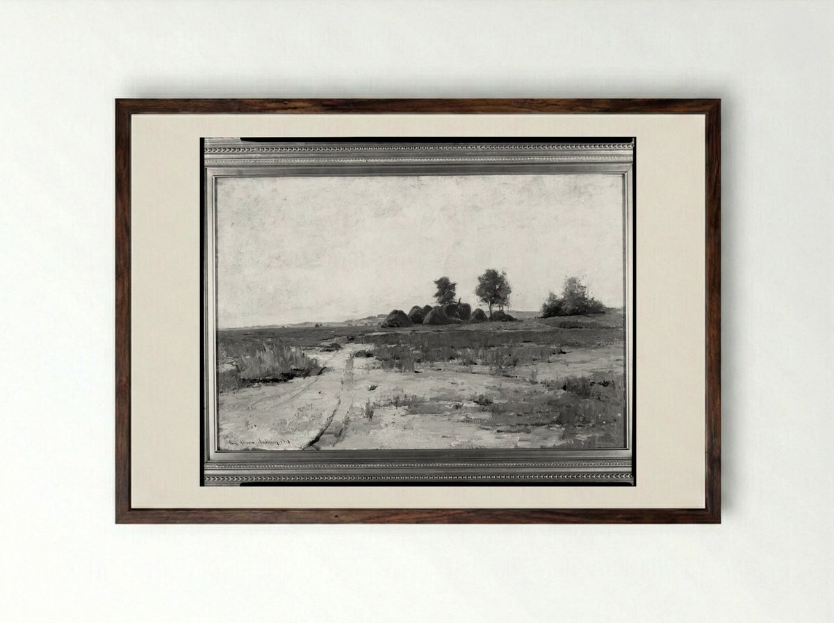 Landscape with Haystacks - Charles Herbert Woodbury - Framed Print Dark Wood