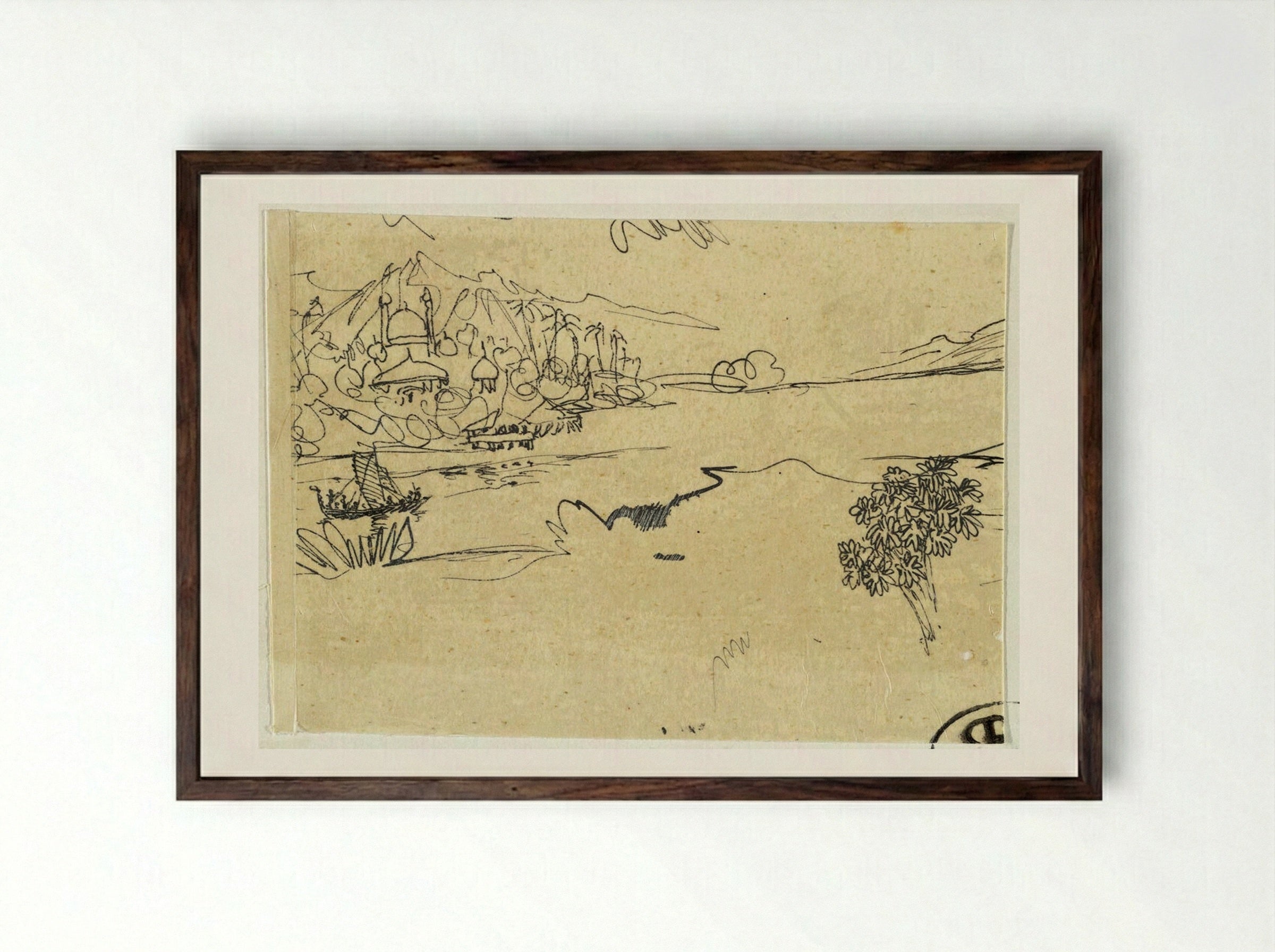 Landscape with Islamic Buildings in Distance - Rodolphe Bresdin - Framed Print Dark Wood