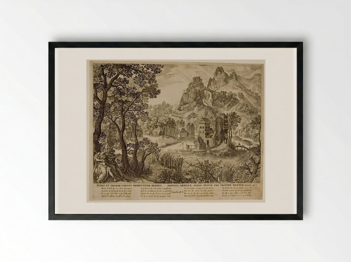 Landscape with Judah and Tamar - Claes Jansz. Visscher - Framed Print Black