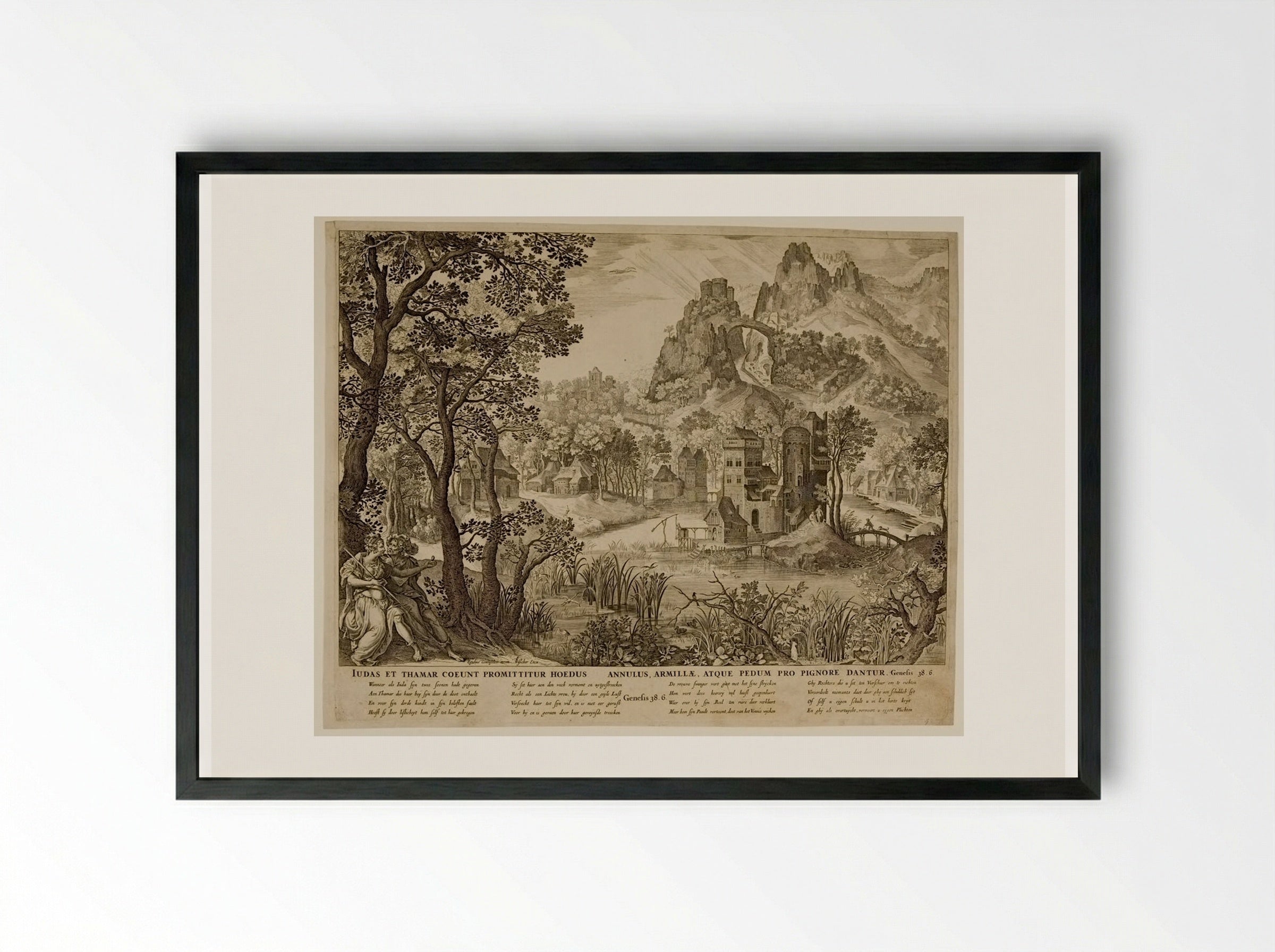 Landscape with Judah and Tamar - Claes Jansz. Visscher - Framed Print Black