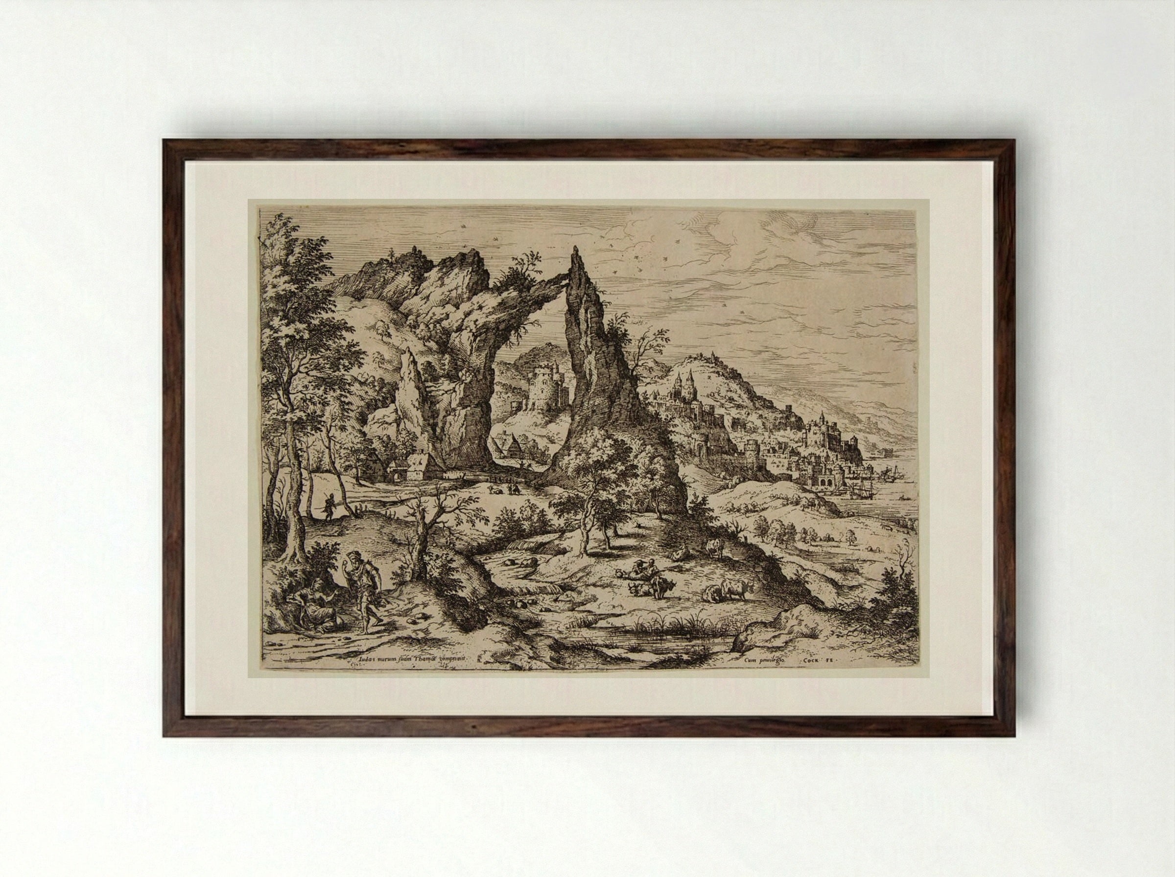 Landscape with Judah and Thamar - Hieronymus Cock - Framed Print Dark Wood
