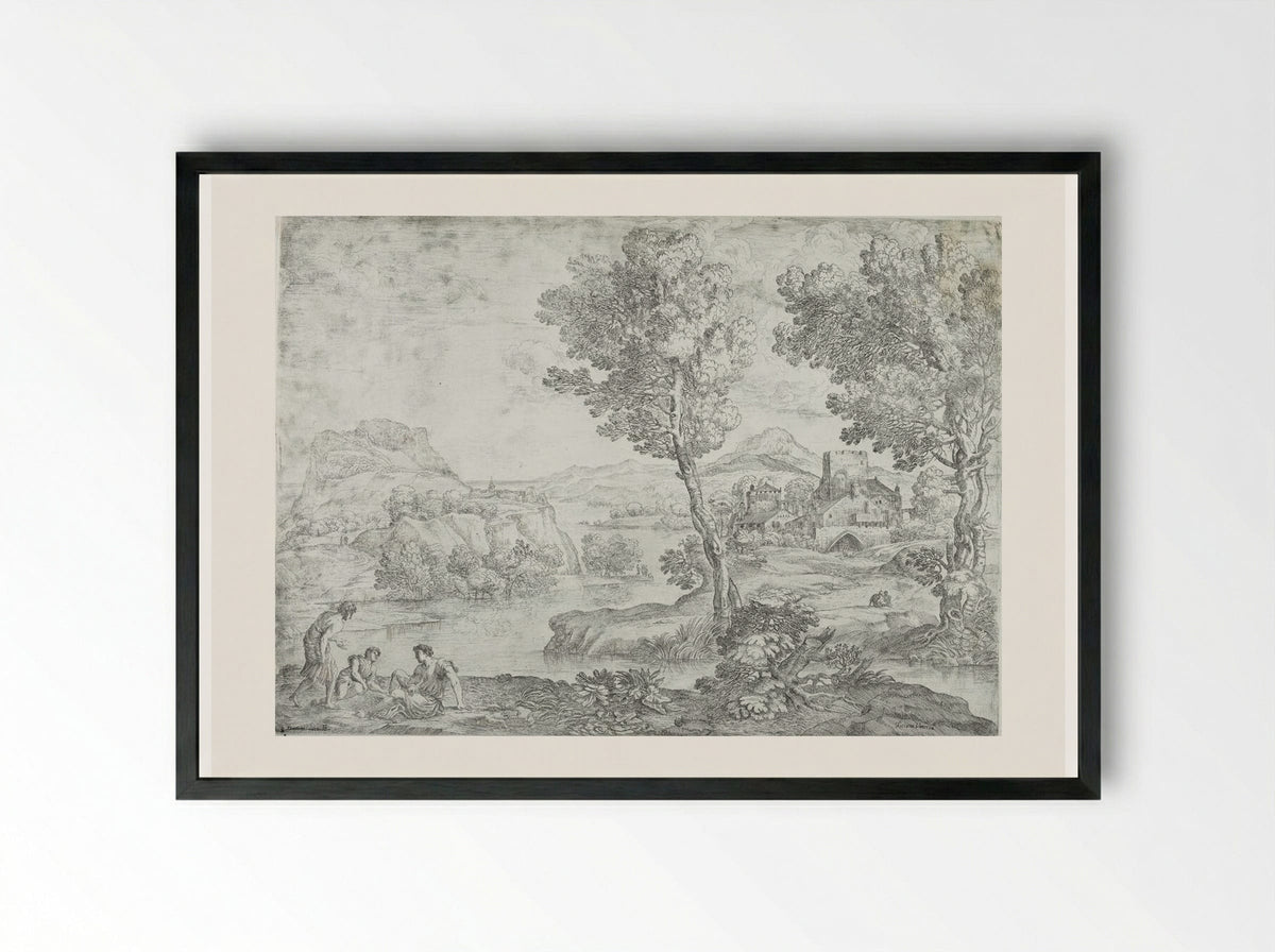 Landscape with Man Standing near Two Seated Men - Giovanni Francesco Grimaldi - Framed Print Black