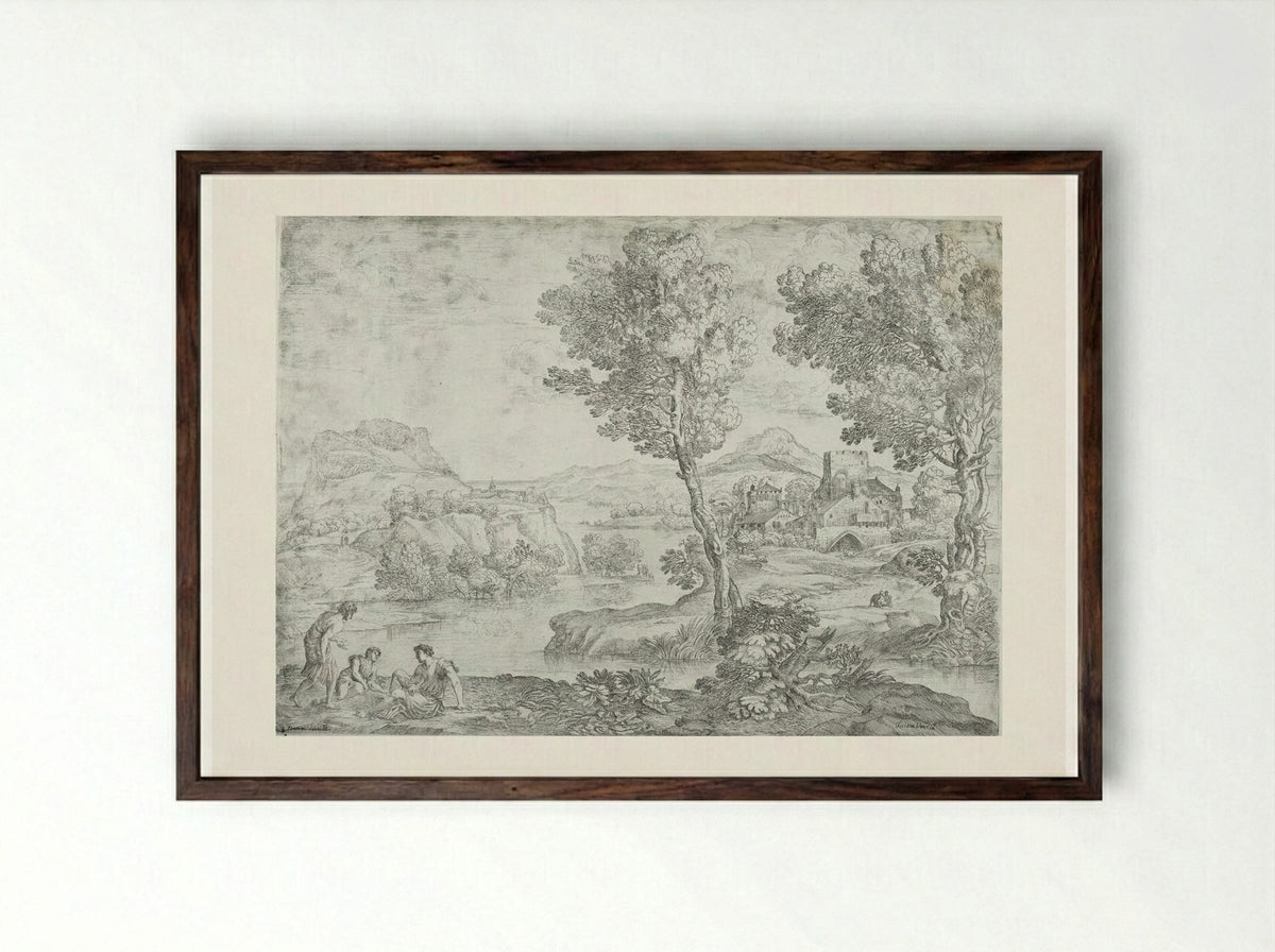 Landscape with Man Standing near Two Seated Men - Giovanni Francesco Grimaldi - Framed Print Dark Wood