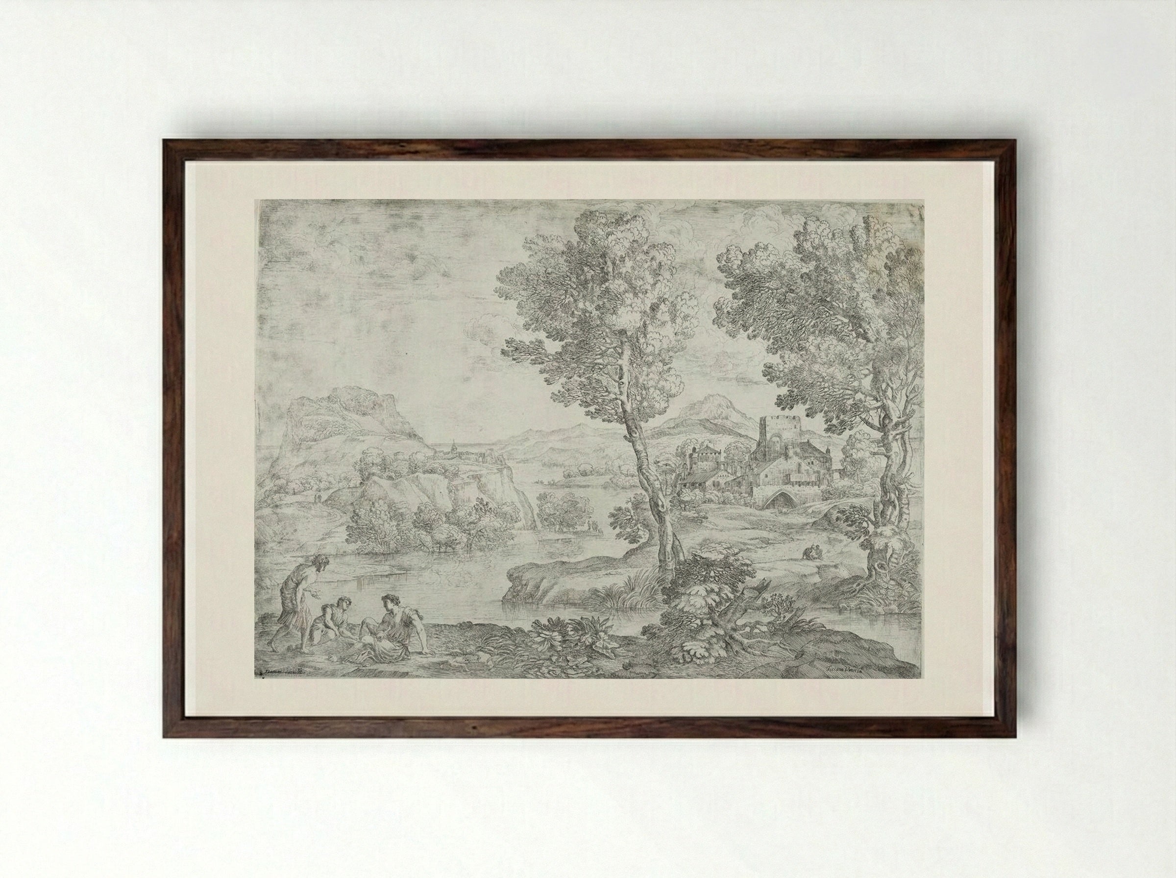 Landscape with Man Standing near Two Seated Men - Giovanni Francesco Grimaldi - Framed Print Dark Wood