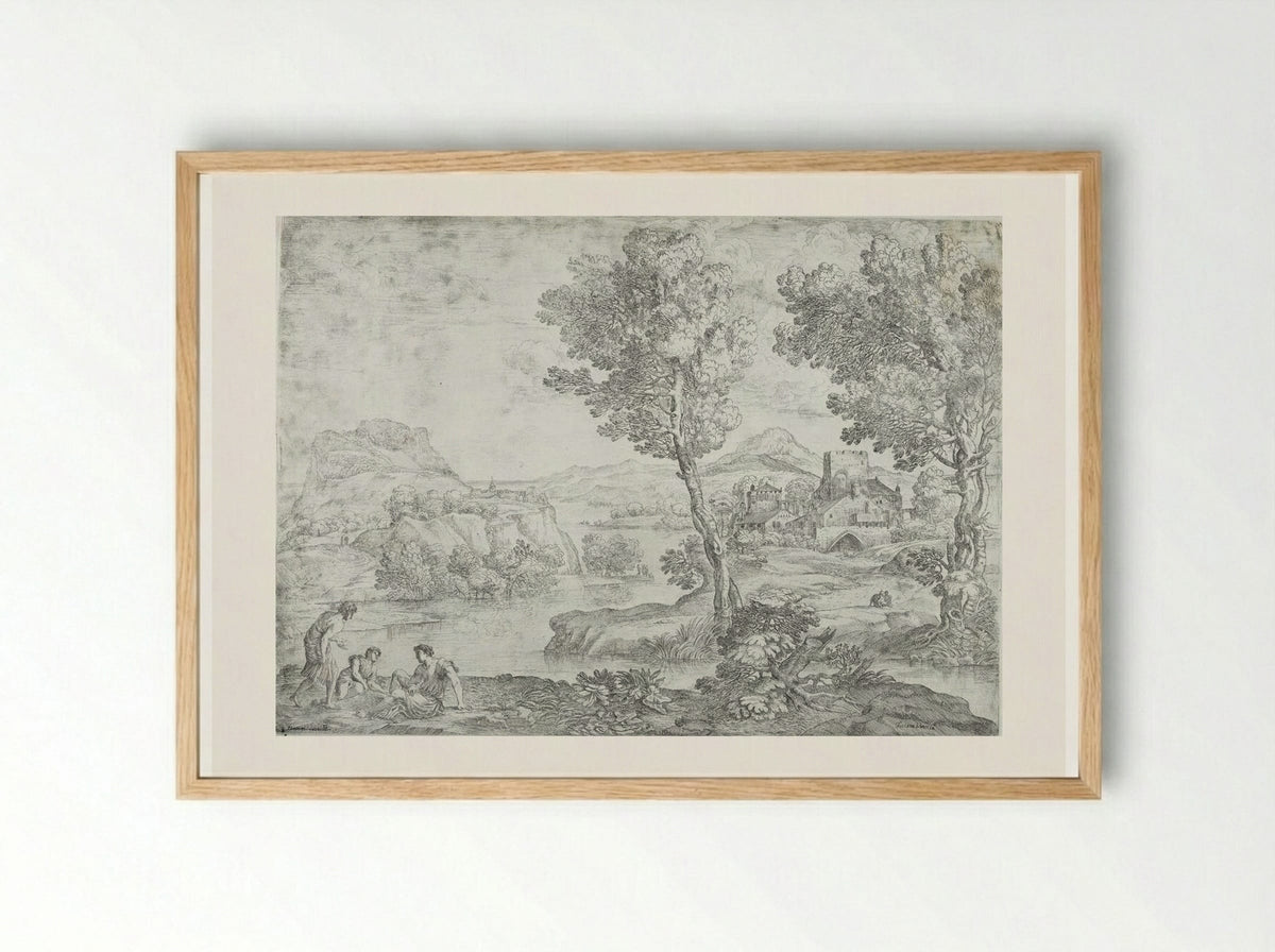 Landscape with Man Standing near Two Seated Men - Giovanni Francesco Grimaldi - Framed Print Wood