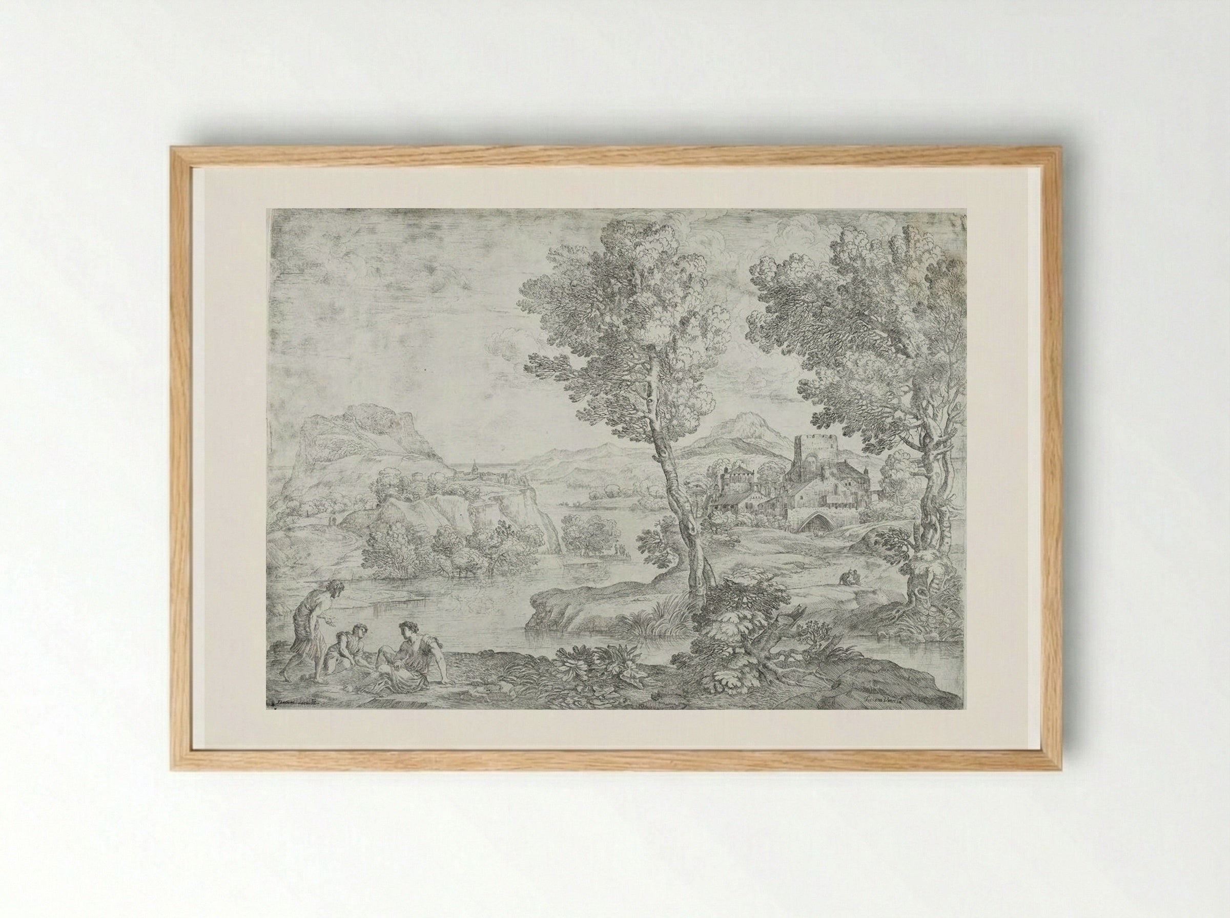 Landscape with Man Standing near Two Seated Men - Giovanni Francesco Grimaldi - Framed Print Wood
