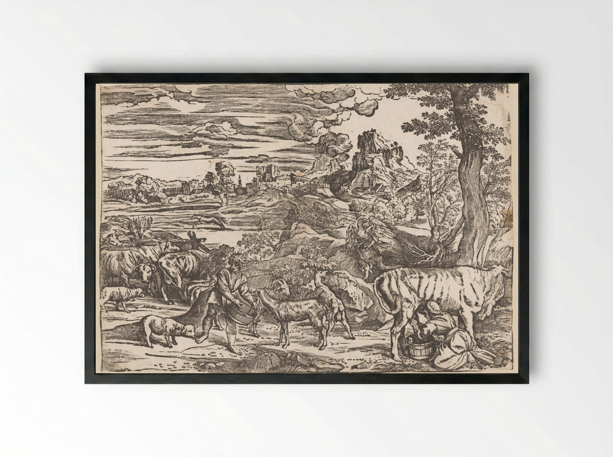 Landscape with Milkmaid - Titian - Framed Print Black